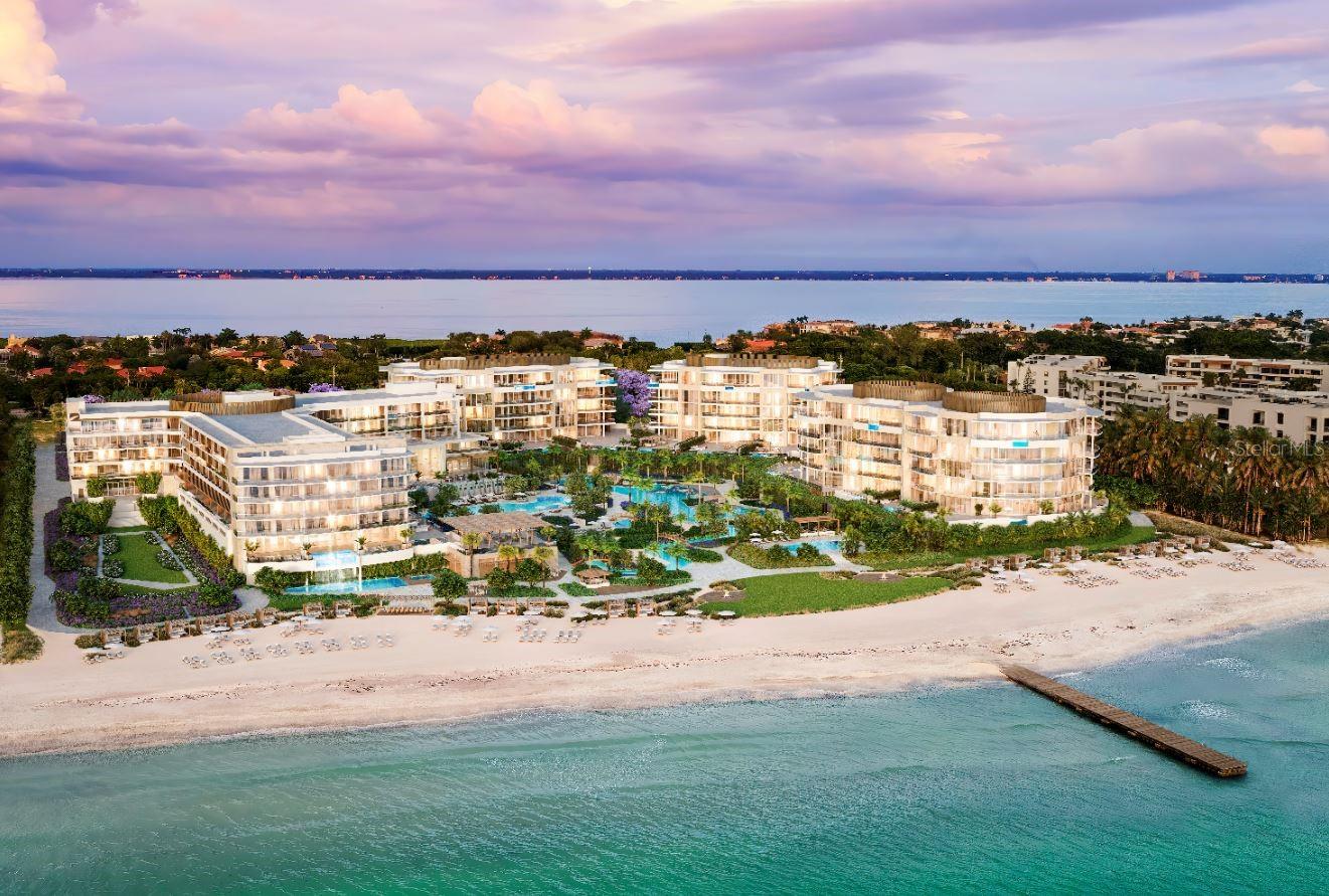 The Residences at The St. Regis Longboat Key is the first branded residential community and ultra-luxe 5-star resort hotel on the Gulf of Mexico. Welcome home to the legendary services of The St. Regis with the allure of a seaside getaway on the secluded barrier island of Longboat Key, FL. Beautifully appointed interiors with soaring ceilings and floor to ceiling sliding doors wrapping around the gathering room, dining room and kitchen provide views of sunrise or sunset skies. The gourmet kitchen includes Wolf and Sub-Zero appliances, including 6-burner gas cooktop, double ovens and panel ready side-by-side refrigerator/freezer. Owner’s suite is appointed with a spacious walk-in closet with custom wardrobe cabinetry, frameless walk-in shower, and private W/C. Semi-Private elevator with keyless entry takes you directly from your private 2-car garage into the residence.
The Residences are nestled within the 17 acres beachfront resort on Sarasota’s most coveted barrier island. Amenities are unparalleled and include access the St. Regis Resort plus the signature St. Regis Butler and Concierge services, Resident-only pool and spa, and a Private Resident’s Clubhouse, fitness center and beachside cabanas.
Just steps away, residents can also immerse themselves in the St. Regis Longboat Key Resort including the private beach, pools with personal cabanas, family-friendly winding waterway and the exclusive saltwater lagoon wildlife experience complete with resident Aldabra tortoises. Escape to the sanctuary of our world-class oceanfront spa featuring vitality pools or one of the vibrant chef-driven dining outlets.