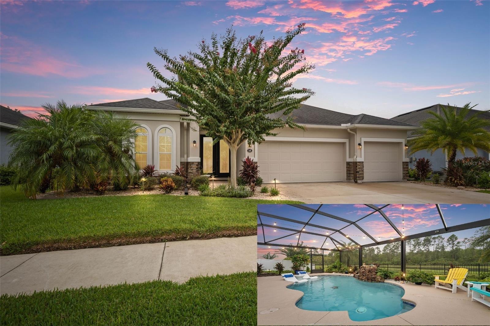 GATED LUXURY IN GRAND LANDINGS! SOAK IN THE SUNSHINE IN THIS CAPTIVATING POOL HOME ON SOUTH COOPERS HAWK! Designed for comfort and style, this 2018 built home combines countless elegant builder upgrades with a host of recent improvements—making it truly 'better than new'. Step inside to a bright, open layout perfect for entertaining or quiet evenings at home. The gourmet kitchen will delight any chef with its oversized granite island, 42-inch cabinets, walk-in pantry, stainless steel appliances, and tasteful backsplash. Spacious living and dining areas flow seamlessly to the true showstopper—your BACKYARD OASIS. This outdoor retreat boasts a SOLAR-HEATED saltwater pool (new pump and salt cell May 2025) with a generous sun shelf, soothing rock waterfall, a built-in umbrella holder and strings of lights perfect for a night time swim. Relax or entertain on the large covered porch, where Clearview Screening perfectly frames the tranquil lake and natural landscape beyond. The expansive primary suite is a private sanctuary, highlighted by extended bay windows that capture serene pool and nature views. Indulge in a double tray ceiling, two walk-in closets, and a spa-inspired bathroom with dual vanities, a gorgeous floor-to-ceiling tiled shower, and a soaking tub—the ultimate space to unwind. The 3 CAR GARAGE provides plenty of space for vehicles, a golf cart, water toys, tools, or even a golf simulator. Additional Features of the Home Include: Fenced-In Yard(added 2024), Irrigation System(added 2025), Freshly Painted in 2024, New Light Fixtures added 2024, Landscape Lighting, Large Laundry Room, Split Floor Plan, Rain Gutters, and so much more! Grand Landings is quickly becoming one of Palm Coast most desirable gated communities and features: NO CDD Fee, Low HOA($100 per month), Golf Cart Friendly, Zero-Entry Community Pool, Fitness Room, Dog Park, Playground, Underground Utilities and Miles of Sidewalks to walk or bike on. Great location: close to schools, shopping, golf courses, hospitals and THE BEACH! Call to schedule a private tour today!