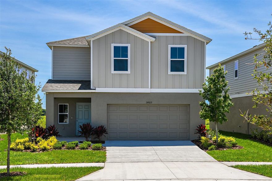 Under Construction. Azure -
BELOW MARKET INTEREST RATES with use of Seller's Preferred Lender.
Welcome to The Azure, where modern design meets practical living in a home that has it all. With 4 bedrooms, 2.5 bathrooms, and a 2-car garage, this home is crafted for comfort and style. The extraordinary elevation and professionally designed landscaping create a captivating first impression. Step through the front door to discover luxurious vinyl plank flooring that extends throughout the open-concept layout. The kitchen shines with quartz countertops and all-new stainless-steel appliances, overlooking the dining area and patio. A convenient half bath is located downstairs for guests, while the spacious laundry room upstairs comes complete with a brand-new washer and dryer. Upstairs, you’ll find all four bedrooms, including the expansive owner's suite with a walk-in shower, double vanities, and a spacious walk-in closet. A flexible recreation space upstairs provides an ideal spot for family gatherings. With a smart thermostat ensuring energy efficiency and comfort, the Azure seamlessly blends functionality and modern luxury. Located in Crosswinds in Haines City, this home offers access to community amenities including a pool, clubhouse, fitness center, playground, dog park, and walking trails, as well as convenient access to US-27 and I-4 and nearby destinations like Posner Park and Lake Eva Community Park. 
 Contact or make an appointment for more details on interest rates.