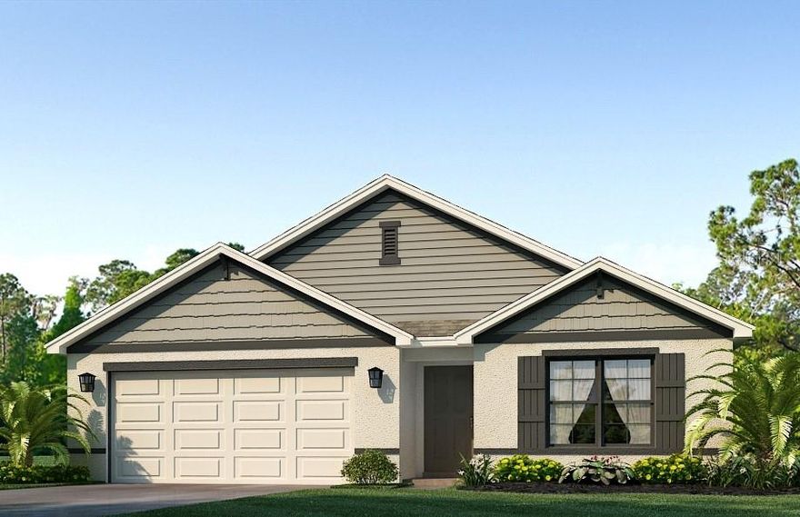 One or more photo(s) has been virtually staged. Under Construction. This all concrete block constructed, one-story layout optimizes living space with an open concept kitchen overlooking the living area, dining room, and the outdoor covered lanai. The well-appointed kitchen comes with all appliances, including refrigerator, built-in dishwasher, electric range, and microwave. The Bedroom 1, located at the back of the home for privacy, includes Bathroom 1. Two additional bedrooms share the second bathroom. The third bedroom is located near the laundry room, which is equipped with included washer and dryer. Pictures, photographs, colors, features, and sizes are for illustration purposes only and will vary from the homes as built. Home and community information including pricing, included features, terms, availability and amenities are subject to change and prior sale at any time without notice or obligation. CRC057592.