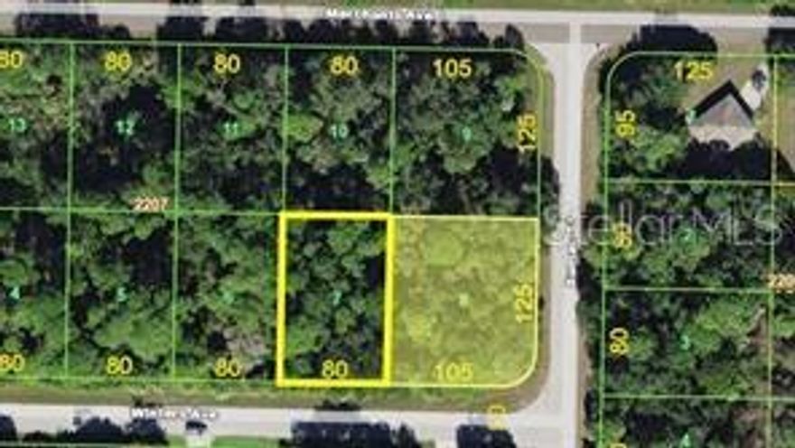 Two adjacent residential lots available, presenting an excellent opportunity for expanded building space or future investment. This offering features the corner 110x125 lot (shaded yellow). The neighboring 80x125 lot, outlined in yellow, is available separately for $20,000 (MLS #A468122), and the seller prefers to sell both parcels together for $45,000, totaling 23,615 sq ft. Located outside of a Scrub Jay zone, helping simplify the building process. Conveniently situated near shopping, dining, schools, and beautiful Gulf beaches.
