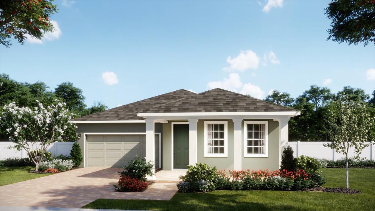 Welcome to the beautifully designed Myrtle plan—a charming new home that exudes comfort and style, starting with a welcoming front porch and continuing through its thoughtfully crafted open-concept layout. With soaring 9'4" ceilings, this 3-bedroom, 2-bath home features a spacious Great Room that opens to a covered rear lanai, perfect for indoor-outdoor living. The well-appointed kitchen boasts 42" upper cabinets with crown molding, quartz countertops, a sleek tile backsplash, stainless steel appliances, and a center island ideal for entertaining. Elegant tile flooring enhances the main living areas, while window blinds throughout add both privacy and convenience. The luxurious Primary Suite offers a generous walk-in closet and a beautiful en-suite bath with dual sinks, quartz countertops, linen closet, and walk-in shower with upgraded wall tile surround. A 2-car garage and brick paver driveway and lead walk complete the polished exterior of this must-see home. Outstanding Community amenities include covered Playground and walking trails featuring outdoor exercise equipment, with future amenities to include pool and cabana. Oakview is conveniently located just 1 mile from SR 429 for easy commuting, and only 11 miles from Wekiwa Springs State Park and 12 minutes from Lake Apopka. Additionally, the Community is close to the upcoming new Wyld Oaks development featuring a 3 acre medical campus and extensive retail spaces.