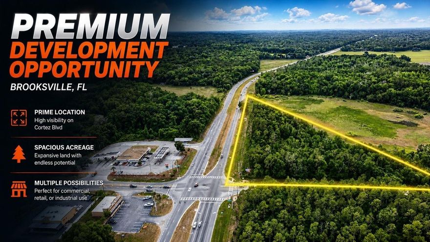 Attention builders, developers, and investors — capitalize on the explosive growth happening southeast of Brooksville along the expanding State Road 50 (Cortez Blvd) corridor. Surrounded by new development and offering easy access to Interstate 75, Tampa, St. Petersburg, Orlando, and South Florida, this location is primed for future success.

Three adjacent parcels ranging from 4.55 to 9.1 acres are available individually or together, each featuring valuable road frontage and outstanding visibility. Ideal for residential, commercial, mixed-use, recreational, or nonprofit development opportunities.

Hernando County continues to attract growth with its affordability, natural beauty, and expanding infrastructure — making this the perfect time to invest.

Available Parcels:

MLS#  – 9.1 Acres
MLS# – 4.55 Acres
MLS#  – 7.3 Acres

Buy one or all three. Buyer to verify zoning, utilities, dimensions, and future land use with Hernando County.