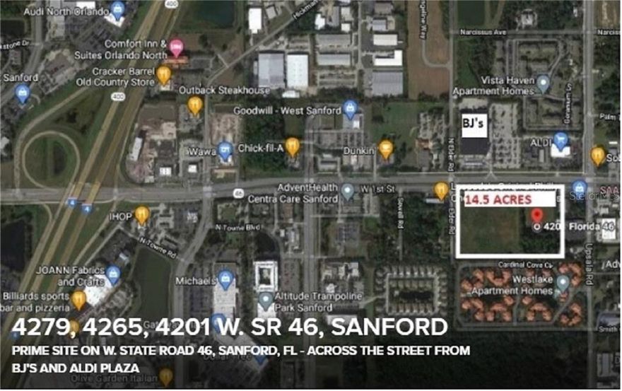 14.5455 acres per survey (survey available), zoned General Commercial.  900 FT  frontage on W State Road 46,  located directly across the street from BJ's and Aldi plaza, at Seminole Town Center, less than half a mile to I4 and SR 417.  Prime location... corner lot, cleared,  . . .ready for your development project!!