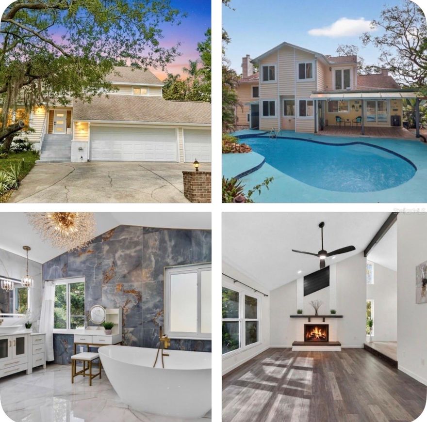 Welcome to this beautifully updated 5 bedroom + office home located in Flood Zone X, with no history of flooding or hurricane damage, offering peace of mind and true MOVE-IN readiness. Major improvements include two energy-efficient HVAC systems (2023), hurricane impact windows with lifetime warranty (2019), hurricane-rated garage doors (2023), two 200-amp electrical panels (2023), and a 2018 roof.
The main living area features vaulted ceilings with decorative beams, a wood-burning fireplace, and large hurricane-rated windows that fill the space with natural light. The kitchen flows into the dining area and offers soft-close cabinetry, granite countertops, a functional island, and ample prep and storage space. Upstairs, three bedrooms with luxury vinyl flooring share a remodeled bathroom with beautiful tile, built-in shelving, and a lighted mirror. A heated towel rack adds comfort and functionality. Great for drying clothes and keeping towels warm. The lower level includes an additional bedroom with its own wood burning fireplace and backyard views, plus a spacious laundry room with sink, cabinetry, and workspace. A laundry chute adds convenience, and direct garage access simplifies daily living. The 3-car garage features overhead storage, a workbench, mini-split system, and a pressure system for strong water flow throughout the home. There is also access to a crawl space for extra storage - perfect for all the holiday decorations. The top-level primary suite offers a private retreat with space for a sitting area or office, built-in shelving, and sliding doors overlooking the backyard with potential for a future balcony. It includes a large walk-in closet, additional closet, and a fully renovated bathroom with soaking tub, walk-in shower, dual vanity, chandelier, lighted mirror, bidet/toilet combo, and heated towel rack. Every detail has been custom designed - and it shows. The backyard sits on nearly 0.3 acres (almost 13,000 sq. ft), is fully fenced with vinyl fencing and offers plenty of room to expand - whether you envision a garden, play area, or a future ADU. The pool features a newer pump and solar heating. A covered porch with recessed lighting and two ceiling fans creates a great entertaining space, with an extended area ideal for grilling or a smoker. There is also an outdoor shower with motion lighting and modern finishes, plus a large storage shed. Additional features include a tankless water heater, attic fans, and cedar siding freshly painted in 2025. Location, location, location. Just minutes from Fred Howard Park and Sunset Beach, while still in Flood Zone X for added peace of mind. Close to downtown Tarpon Springs, the Sponge Docks, restaurants, shops, and schools. Listed below appraised value. There are simply too many details and upgrades to list—you truly need to see this home in person to appreciate it all. Schedule your showing today.