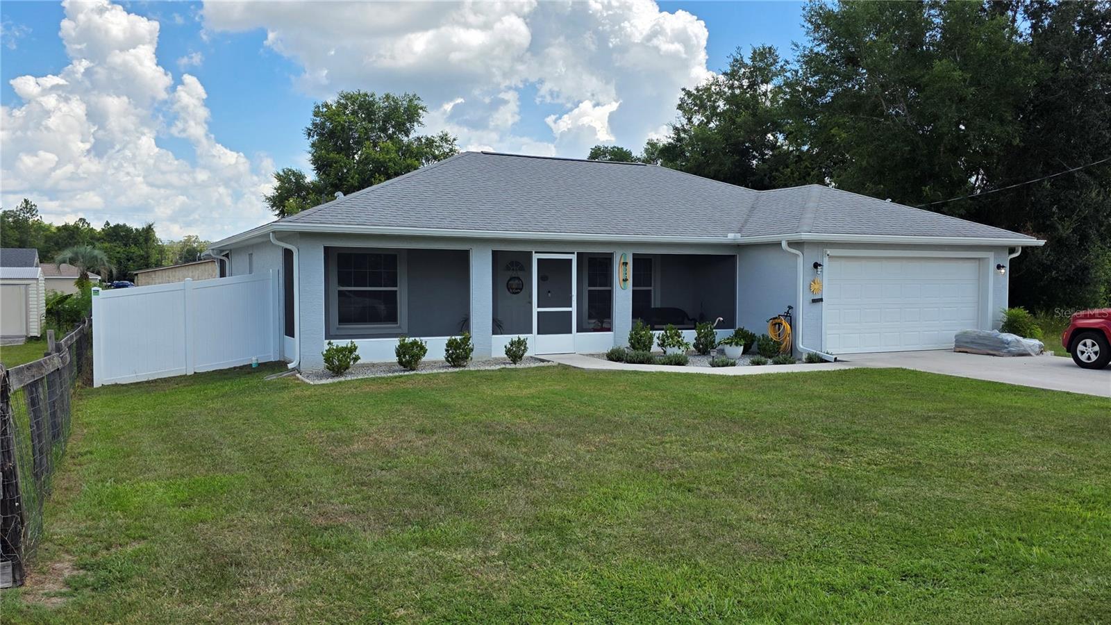 Welcome to Your Summerfield Sanctuary minutes from the villages.
This beautiful home was built in 2020 and with many upgrades from the owner is a true gem, offering a perfect blend of comfort and style. Step inside and discover a meticulously cared-for space that has been thoughtfully upgraded for modern living.
The heart of the home is the stunning kitchen, where elegant granite countertops and sleek soft-close hardware on all cabinets and drawers create a functional space. You'll also find extra cabinet storage and a built-in coffee bar, making it a dream for both cooking and entertaining.
But the upgrades don't stop there. This home is designed for seamless indoor-outdoor living. Enjoy bug-free relaxation on the newly screened-in front porch and lanai. The screened in lanai features a 4 section sliding door opening to the back yard and pool, (Couch and Fire Pit Table along with rugs on back Lanai Included.) fully enclosed with brand new vinyl fencing, providing both privacy and security. The highlight of the yard is the impressive 18-foot round, 52-inch deep semi-buried above-ground pool, perfect for cooling off on hot Florida days. Plus, an 8.5' x 8.5' storage shed offers plenty of space for all your tools and toys.