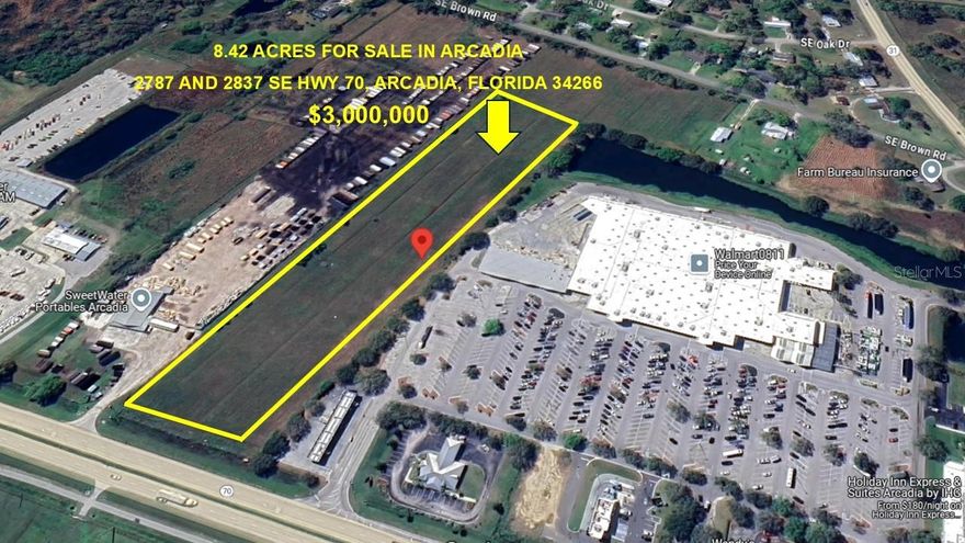 Two adjacent commercial parcels for sale, (2787 and 2837 SE Highway 70) located in Arcadia, neighboring Walmart and Sweetwater Portables. This property presents its potential buyer a prime opportunity to take advantage of central Florida’s growing population and amiable business atmosphere. Located on the high-volume SE Highway 70, this lot offers 299 feet of frontage in a rapidly developing corridor spanning Bradenton, Sarasota, and Arcadia. Local development has been spurred by recent franchise openings, namely Wawa, Planet Fitness, and Popeyes, all of which are located within five minutes of the property. In addition, established businesses such as Walmart, Publix, and Desoto Auto Mall bring ample traffic to the surrounding area. DeSoto County regularly hosts high-attendance events, namely the All-Florida Championship Rodeo in March, and is positioned for rapid growth in coming years. Commercially-focused zoning allows for a variety of uses which include restaurant, self-storage, and retail space. These parcels are now offered for sale at $3 million.