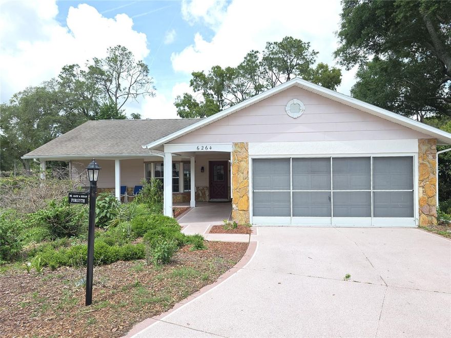 Timber Pines 3 Bedroom Home 2 Full Bathrooms And A Screened 2 Car Garage On A Cul-De-Sac With A Front Porch- Enter The Home To The Parquet Floor Foyer And Formal Living And Dining Rooms- Oversize Eat In Kitchen With A Granite Center Island, Great For Entertaining - Extra Storage Under The Island - And Breakfast Bar- Pantry, And Dual Sinks- The Master Bedroom Has A Walk In Closet And Private Bathroom- There Is A Family Room That Can Also Be Used As An Office- Oversize Screened Porch- Extras Include  Roof And Ac Replaced 2013, Attic Storage, 2 Roof Turbines, Open Floor Plan- Call Today For A Showing. Timber Pines, a 55+ Gated Community, With 4 Golf Courses, Country Club, Remodeled Restaurant And Bar With Multiple TV Screens, 2 Pools, Fitness Center, Tennis And Pickle Ball Courts, Bocce Ball, Billiards Room And More Than 100 Different Clubs. Spectrum Cable, 2 boxes and High-Speed Internet Are Also Included In the HOA.