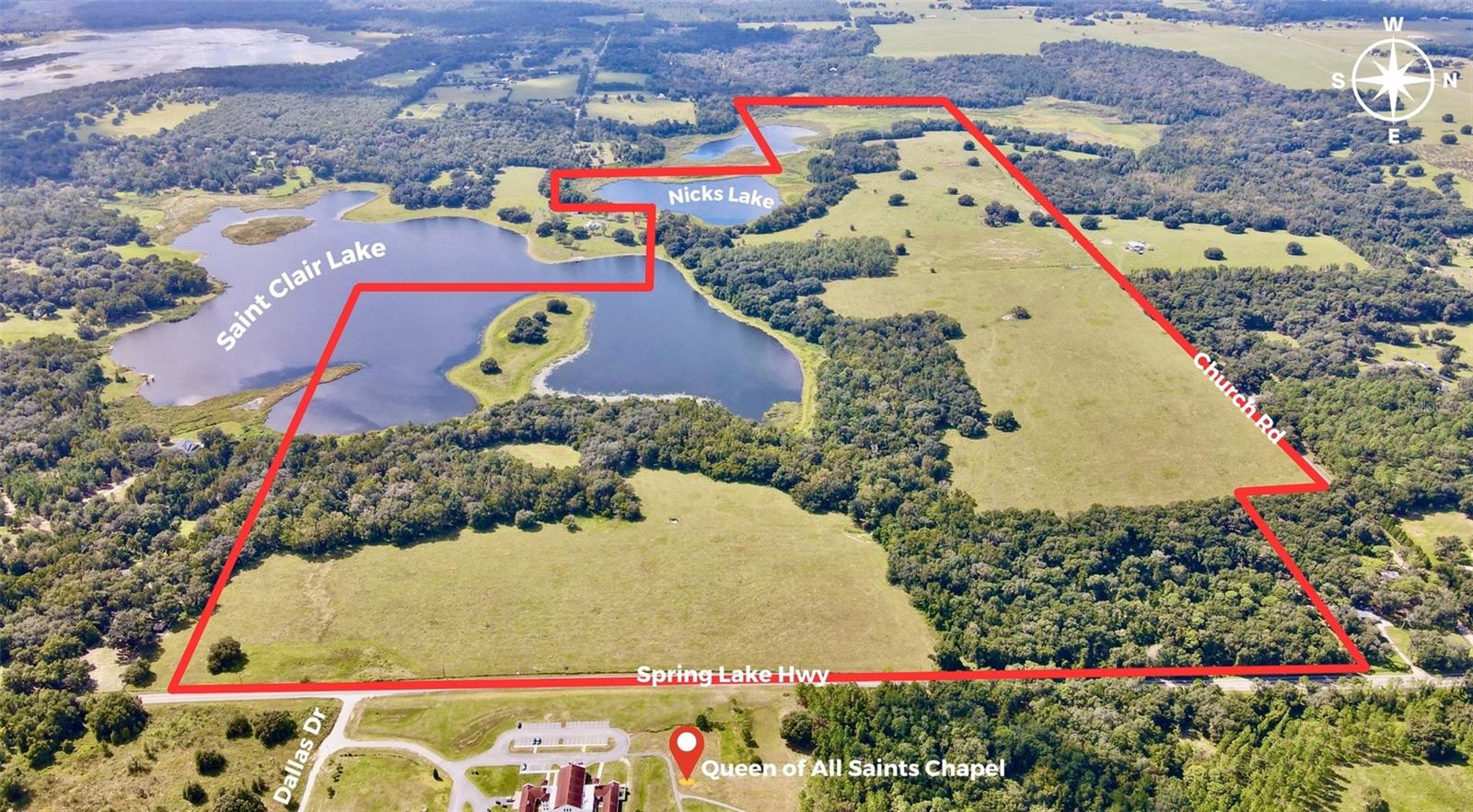The St. Clair Lake Ranch is a 346-acre lakefront property on Spring Lake Highway in Brooksville. This sprawling ranch features rolling hills, improved pastures, and frontage on two shimmering lakes (St. Clair Lake and Nicks Lake). Improvements include cattle pens, one 4" well, and perimeter and cross fencing.
This ranch offers a rural setting while still being within an easy commute to the downtown life, allowing easy enjoyment of both lifestyles. Its diverse habitat, including shrubbery, wildflowers, oak hammocks, planted pine, and woods, bring the property to life.
The property is zoned AG (Agricultural) and has future land use of Rural. It's estimated to consist of 225 acres of uplands and 121 acres of wetlands/lowlands. It has frontage on two roads - Church Road (2,000 ft) and Spring Lake Highway (2,800 ft).
St. Clair Lake Ranch is located on the west side of Spring Lake Highway (County Road 541) in Brooksville in southern Hernando County. It's less than one mile north of the Pasco County/Hernando County line.
The property is centrally situated between downtown Brooksville and downtown Dade City. Local shops, restaurants, medical facilities, and schools are all easily reachable within 15 minutes. Due to its close proximity to I-75, lively downtown Tampa (30+ minutes), Tampa International Airport (40 minutes), and downtown St. Petersburg (1 hour) are all readily accessible.
Approximately 85 acres has been sold, and 161 acres are currently under contract.