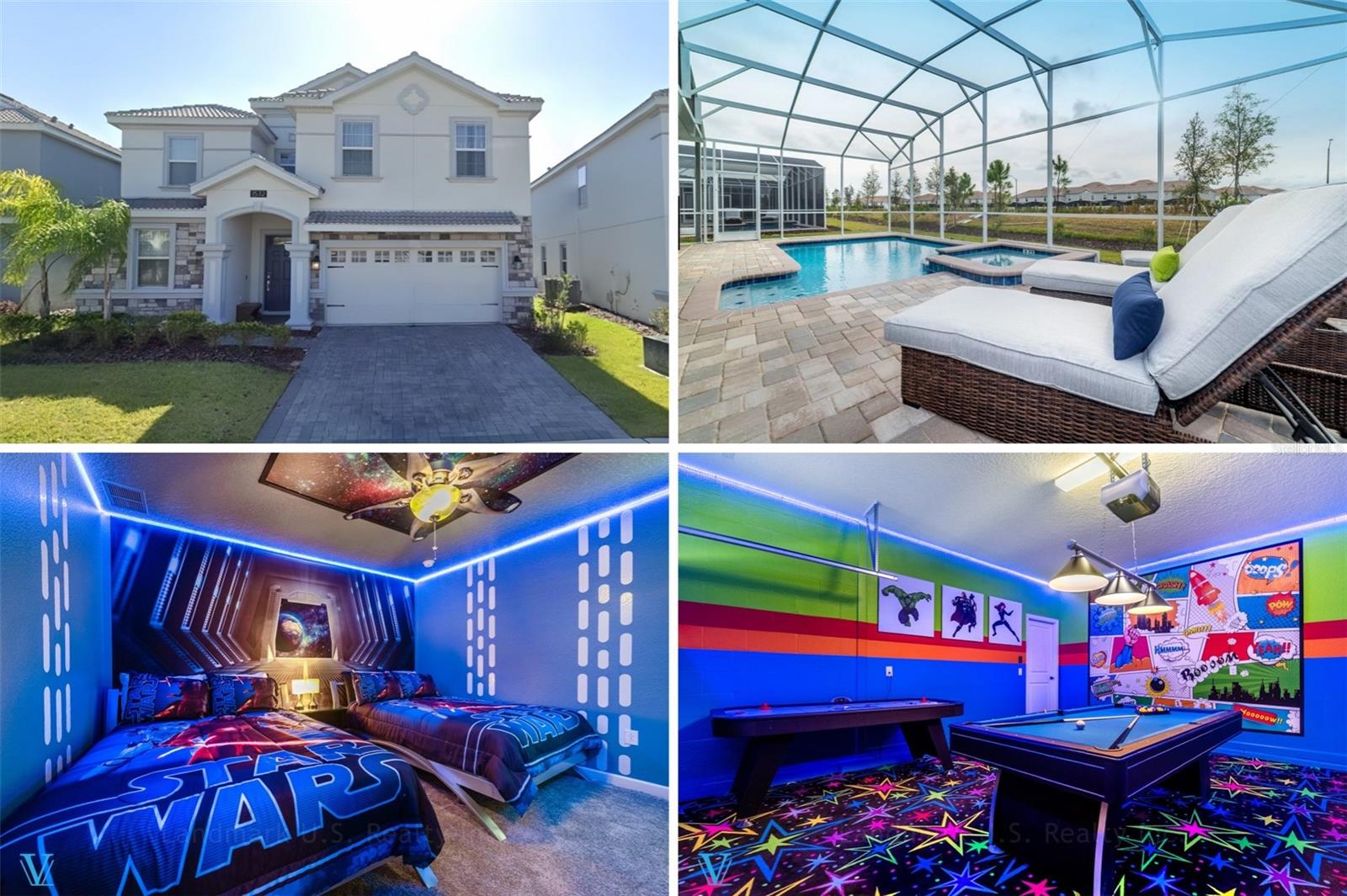 Zoned for short-term rental and boasting a strong rental history—generating $70,000 in 2024—this home presents a rare opportunity for investors and vacation homeowners alike.
Experience luxury and comfort in this expansive 8-bedroom plus large media room/9th bedroom, 5-bathroom pool home with no rear neighbors, located in the highly sought-after Retreat at ChampionsGate. Beautifully furnished, this residence is perfect as both a high-performing short-term rental and a personal vacation retreat.
The home features a bright open floor plan, a fully equipped kitchen with modern finishes, and multiple living areas ideal for relaxing and entertaining. On the main floor, you'll find a spacious primary suite and an additional guest bedroom—perfect for multigenerational stays. Upstairs, the large loft has been transformed into a cozy home theater, ideal for movie nights.
Each bedroom is generously sized and thoughtfully themed to delight guests of all ages, including Star Wars, Monsters, Inc., and Princess-inspired designs. The converted media room on the second floor offers even more sleeping space with a fun Harry Potter theme and three beds—making it a functional ninth bedroom.
The air-conditioned game room adds entertainment for all, featuring a pool table, foosball, and air hockey. Step outside to your private, screened-in lanai showcasing an oversized heated pool and spa, complete with a child safety fence for peace of mind. Enjoy tranquil views with no rear neighbors, offering enhanced privacy.
Situated in a gated, resort-style community with 24-hour security and world-class amenities, including a clubhouse, fitness center, water park, tennis courts, and golf course. Conveniently located near Disney, shopping, dining, and major highways.