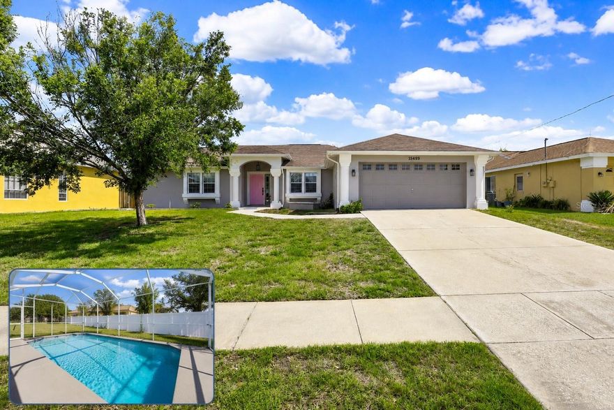 Discover this stunning MOVE-IN READY POOL home nestled in Deerfield Estates, featuring NO CDD fees and a LOW HOA. This meticulously maintained residence boasts 3 bedrooms, 2 bathrooms, and a 2-car garage, all set on a FULLY FENCED lot. The open floor plan seamlessly connects the living, dining, and eat-in kitchen areas, enhanced by CATHEDRAL CEILINGS with both TRIPLE & DOUBLE SLIDERS that lead directly to the pool/lanai. The spacious master suite includes PLANTATION SHUTTERS, an ensuite bathroom with a DOUBLE SINK VANITY, a linen closet, a roomy WALK-IN SHOWER and LARGE WALK-IN CLOSET. Bedrooms 2 and 3 share a full bathroom that also serves as the pool bath and ensuite for bedroom 2, while an INDOOR LAUNDRY ROOM with a sink adds to the home's convenience. Step outside to enjoy a SCREENED-IN patio and a sparkling pebble-tec pool with color-changing LED light, all within a private, pet-friendly yard. Ideally located near major roads, shopping, and attractions, this home offers easy access to the Suncoast Parkway for effortless travel to Tampa.