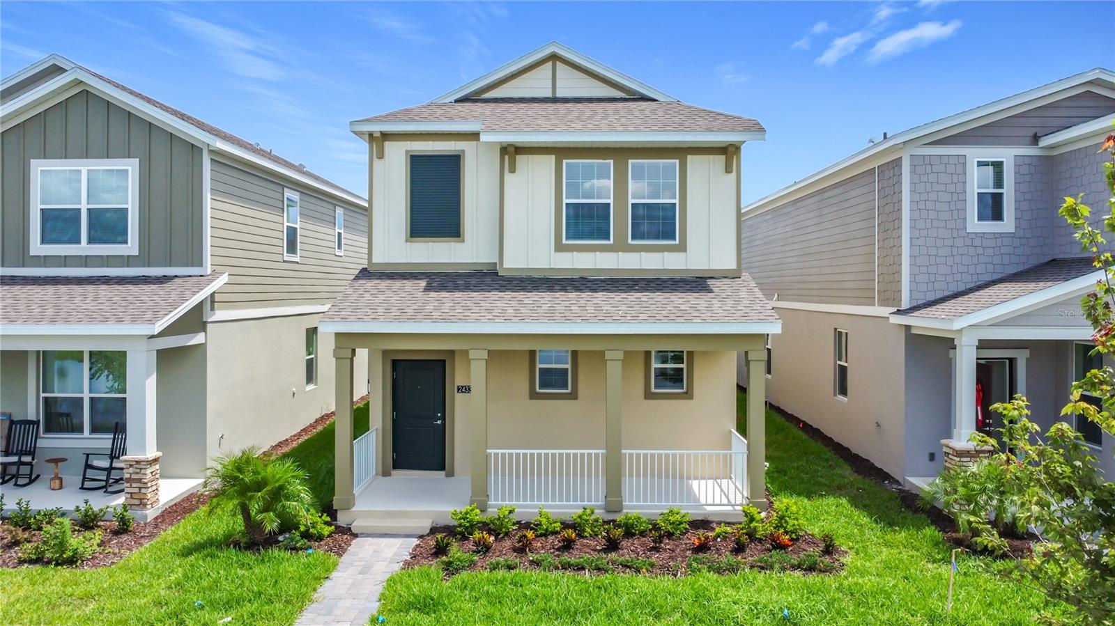 A modern 2-story home with 1,795 sq ft of living space, featuring 3 bedrooms and 2.5 bathrooms. All bedrooms are located upstairs, including a spacious primary suite that offers a lake view, walk-in closet, dual sinks, and a standing shower. The layout includes an open-concept kitchen, dining, and living area on the first floor, with sleek tile flooring throughout the main level and carpet upstairs (except in bathrooms). A private courtyard in the center of the home provides space for gardening, weekend BBQs, or outdoor seating. The home is equipped with stainless steel appliances, refrigerator, stove, microwave, dishwasher, washer, dryer, electric water heater, and central temperature control. A 2-car garage is detached for added convenience. Located in a well-maintained community with access to a fitness center, swimming pool, tennis courts, dog park, and walking paths. Ideally situated close to shopping centers, supermarkets, entertainment areas, schools, and major attractions, this home offers comfort, convenience, and scenic lake views right out front.