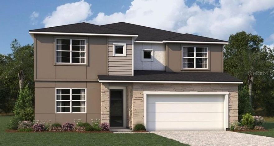 Welcome to the Myrtle, a beautifully crafted two-story, single-family home in the new community of Crosswind Ranch in Parrish, FL. Offering 5 bedrooms, 3 baths, and a study, this spacious home is designed for comfort and functionality. The exterior boasts a charming Modern elevation with sleek lines, a blend of lap siding and panels, and a paver driveway and entryway—a welcoming sight as you approach. Step inside to discover an open-concept floor plan with 8-foot sliding glass doors and 3 large windows across the back, allowing abundant natural light to flood the living space. These doors lead to the covered lanai, complete with a paver deck, perfect for enjoying morning coffee while taking in the Florida sunshine.  
The chef’s kitchen is a standout feature, offering 42-inch Elkins Purestyle white cabinetry, quartz Frost White countertops, and Coventry Falls 17x17 tile flooring. The spacious island is perfect for both meal prep and casual dining. Additional features include generous cabinet space and a walk-in pantry to keep everything organized.  The first floor features a guest bedroom adjacent to a full bath with a step-in shower, making it ideal for an suite or visitors. There is also a powder room just off the foyer for added convenience. 
Upstairs, you'll find a large loft, ideal for a game room, entertainment area, or additional living space. The owner’s suite is a private retreat, featuring a spacious bedroom and an expansive bath, creating a peaceful sanctuary. The suite is quietly separated from the three additional bedrooms, ensuring privacy and comfort for all.
This home also comes equipped with a full smart home package, lush landscaping, and is located in close proximity to all the conveniences of Parrish, including shopping, dining, and highly-rated schools. Photos, renderings and plans are for illustrative purposes only and should never be relied upon and may vary from the actual home. Pricing, dimensions and features can change at any time without notice or obligation. The photos are from a furnished model home and not the home offered for sale.