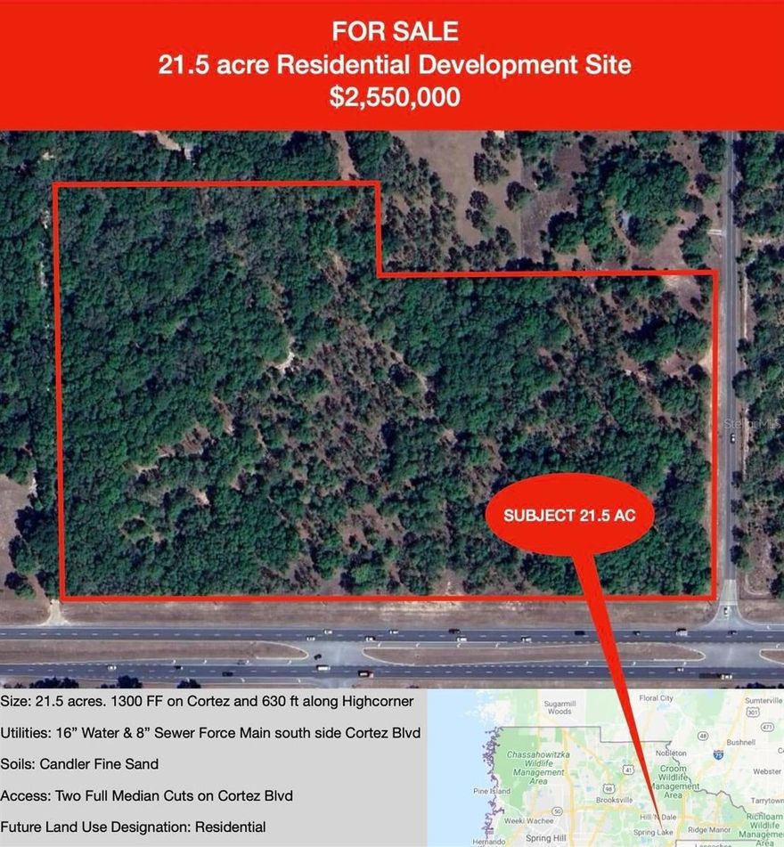 Land well suited for residential development. Has great highway exposure, has great soils and County water & sewer available and appropriate land use designation to allow residential development.