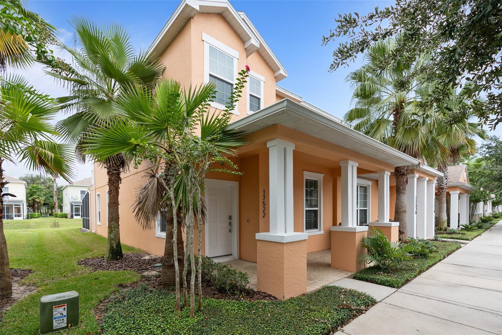 Serene, modern and gorgeous. Superior, sought after end unit with bright modern interior lovingly looked. Kitchen and bathrooms are exceptional and each bedroom has its very own bathroom. Other great features include a lovely south facing pool with spacious screened sun deck, shaded lanai and a huge balcony accessed through sliding doors from the master suite. Tasteful furnishings included. You can even work the air conditioning from your smart phone. Take a tour with me now.... Enter through the front door and expect to be impressed. Inset lighting coupled with striking light fittings all add to the ambiance, and flooring in the living areas comprises elegant 18" tiles. The Kitchen is a dream - expansive granite counters with an extremely large central worktop, lovely cabinets, stainless appliances, tile backsplash and under cabinet lighting. Large sociable living area is open to the kitchen and formal dining area and has triple sliding doors to the pool deck. Downstairs comes complete with practicable bedroom and bathroom suite. Upstairs there are two further suites. The sunny master suite overlooks the pool and comprises of bedroom with access to balcony, a lovely bathroom and walk in fitted closet. The second suite has plenty of room for twin beds and features space for an office desk area, a delightful window seat and a large walk-in closet. Upgraded washer and dryer are perfectly located upstairs. Serenity has a lovely club house with games room and very well-equipped gym, a beautiful community pool, lots of decking for sunbathing, a play area and a dog park.