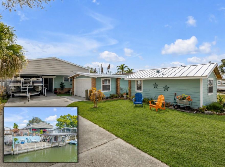 Canal-front living in Indian Harbor Estates with an In-Law Suite offers a relaxed coastal lifestyle with the added flexibility or investment opportunity! many search for. This property features a main 1120 Sq Ft - 2-bedroom, 2 -bath main home plus a separate Approx. 250 sq ft 1-bedroom, 1-bath in-law suite, creating an ideal setup for extended stays, visiting guests, multi-generational living, or potential income-producing opportunities (buyer to verify local regulations and restrictions). Large laundry room with walk-in storage closet attached by covered breezeway.

Recent updates provide peace of mind, including a Metal roof on the two car garage and guest house, a NEW tankless water heater, a NEW mini-split system, and NEW 200-amp electrical panel in the guest quarters. Gas is available at site for cooking and the home is on public sewer. A full-length engineered metal canopy system, approximately a $30,000 investment, provides structural coverage over the main home, carport for boat dry storage, motorcycles, golf carts, or vehicles adding protection and long-term value.

Inside, the main residence offers a warm and inviting feel with hardwood flooring in main areas, a spacious concrete block living room addition, and a primary bedroom featuring a cedar walk-in closet. An ADA ramp provides convenient access to the main home. Outdoor spaces are designed to embrace the waterfront setting, from a brickwork patio and an upper deck overlooking the canal - to the lower sea wall with boat lift and storage shed for all your fishing gear in the boathouse.

Direct access to the ICW. This unique property seamlessly combines incredible waterfront utility with comfortable living. Don’t miss your chance to own a piece of Old Florida charm!