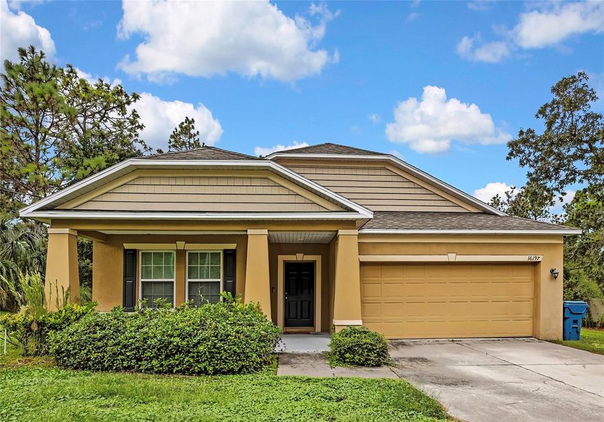 This beautiful property BUILT IN 2018 with NO HOA features four bedrooms and two bathrooms.  The master suite is a highlight, featuring elegant, upgraded tray ceilings, a spacious walk-in closet, and an attached full bathroom. The open floor plan enhances the living area, which includes a dedicated laundry room and a generously sized upgraded gourmet kitchen. The kitchen also has an area that can be dedicated as a coffee bar.  Additionally, there is a versatile bonus room ideal for use as a den or home office. The residence offers a two-car garage and a large driveway for ample parking, while the beautifully landscaped yard creates a tranquil outdoor environment. Situated on an oversized lot equipped with an irrigation system and a lanai, this home is conveniently located near shopping and the scenic Weeki Wachee Springs.