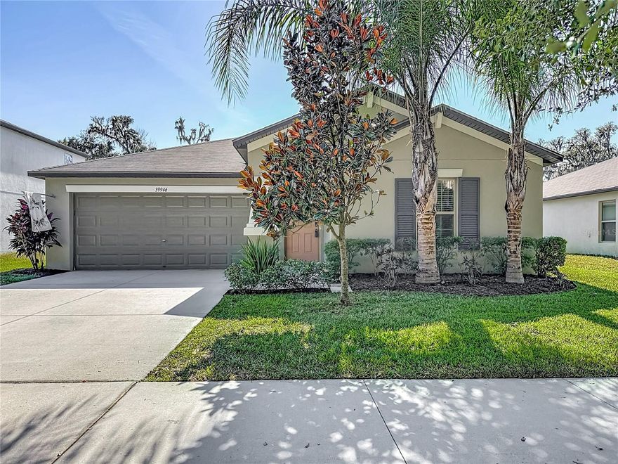 Adorable 2020 built single family home in Hidden River Community located on a cul de sac.  3 bedrooms, 2 baths and a 2 car garage.  Enjoy your morning coffee in your hot tub on the large 12 x 30 private lanai.  Beautiful views of pond directly behind the home with conservation foliage beyond the pond.  There is also conservation in front of home.  So no neighbors in front, back and only a few homes on east side.  Fully fenced back yard.  The open kitchen has a center island and a large pantry that overlooks the family room and café, making it easier to bring everyone together for meals or holiday time.    The primary suite features an oversized walk-in closet and an en suite that has 2 sinks.  Split floor plan.  New flooring in all the bedrooms.  Freshly painted.  Separate laundry room with washer and dryer that convey.  Garage boasts enough room for 2 cars as well as additional storage and an additional refrigerator.  It has an easy access to the attic via attic ladder with space as large as a 1 car garage.  HOA includes internet and basic cable.  No CDD.