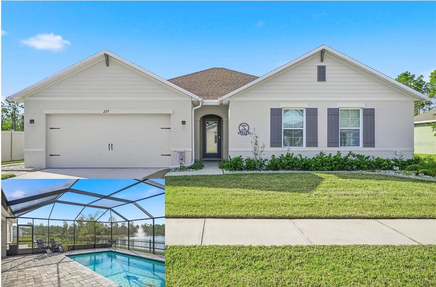 Ask about the available $8K credit toward buyers' closing costs and/or a rate buy down with this dream oasis in the coveted Pineland Subdivision of Ormond Beach! This immaculate, newer lakefront home offers four spacious bedrooms, two elegant bathrooms, and a lifestyle centered around comfort and relaxation. Enjoy breathtaking water views from your fenced backyard, complete with a heated saltwater swimming pool perfect for year-round enjoyment. Inside, the open-concept Great Room flows seamlessly into the kitchen and dining areas, creating an ideal space for entertaining and everyday living. The tranquil Primary Suite offers peaceful views and generous space to unwind. As a special bonus, the sellers are including a large flat-screen TV in both the Great Room and the Primary Suite—adding to the home's turnkey appeal. Experience the perfect blend of modern amenities, serene surroundings, and the Florida lifestyle you've been waiting for.
