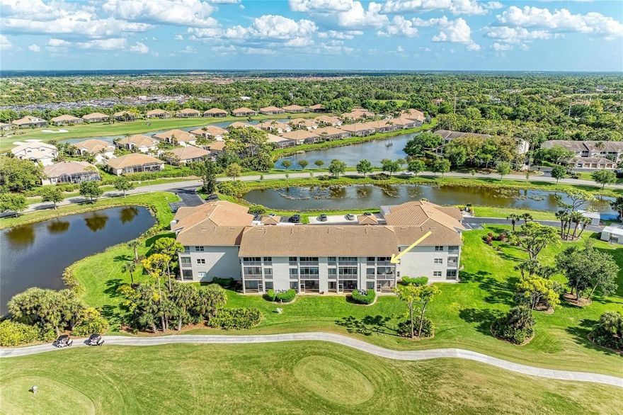 Enjoy picturesque, panoramic golf course views from this beautifully updated third-floor residence in Club South at Stoneybrook Golf & Country Club. Overlooking the 3rd fairway and 2nd green, this stunning condo is offered TURNKEY FURNISHED and showcases elegant design throughout.
Vaulted ceilings with dentil crown molding and chair rail detailing create a light, airy feel, while 16-inch tile in the entry and kitchen transitions seamlessly to luxury vinyl plank flooring throughout the main living and bedroom areas. The updated kitchen features solid surface countertops, new cabinetry, and a charming café dining nook beneath a sun-filled window.
The open-concept dining and living areas are tastefully furnished and flow effortlessly into the glass-enclosed lanai—perfect for year-round enjoyment and taking in the serene golf course views.
The spacious primary suite offers a king-sized bed, custom closets, and an en-suite bath with a Corian vanity and a tiled, glass-enclosed walk-in shower. A well-appointed second bedroom is located near the front of the unit, adjacent to a full guest bath with a Corian-topped vanity and tiled tub/shower combination. A new washer and dryer add convenience.
Located in an elevator building with additional stair access, this meticulously maintained residence shows like a model.
Club South amenities include a private heated pool with screened lanai, tennis and pickleball courts, and an outdoor kitchen with grilling area. Each unit also includes assigned covered parking and a storage locker—ideal for beach gear or golf equipment.
Residents of Stoneybrook enjoy access to an array of resort-style amenities, including:
• Newly modernized 18-hole championship golf course 
• Lighted Har-Tru tennis courts & pro shop 
• Fitness center, bocce courts, putting greens & driving range 
• Clubhouse with dining, bar, and outdoor patio 
• Heated pool & spa 
• Active social calendar featuring yoga, mahjong, trivia, and more 
Ideally located adjacent to the Legacy Trail and just minutes from shopping, dining, and the world-renowned beaches of Siesta Key, this home offers the ultimate Florida lifestyle.