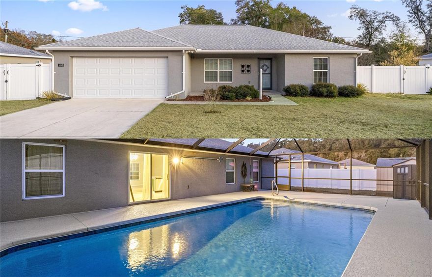 Seller is offering a one-year home warranty for added peace of mind! This 2021 Triple Crown–built Oak model offers 3 bedrooms and 2 full baths and is set in the quiet, sought-after Citra Highlands area on a 0.23-acre vinyl-fenced lot with no HOA. Known for its peaceful surroundings and convenient access to Ocala, the area provides a relaxed lifestyle with space, privacy, and everyday convenience. The home’s standout feature is the screened-in, heated saltwater pool, creating an ideal setting for year-round Florida living and making this the only pool home currently available in the area. Inside, the layout is open and welcoming with a modern, well-maintained feel, while the fenced backyard offers privacy and flexibility for entertaining, pets, or outdoor enjoyment. With newer construction, no HOA restrictions, and a rare combination of indoor comfort and outdoor living, this home is a standout opportunity in Citra Highlands.