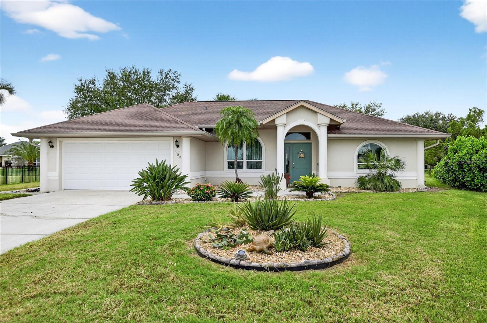 Nestled on a tropically landscaped lot with mature trees and vibrant gardens, this home offers a peaceful retreat with a touch of Florida paradise. Inside you will find a spacious spit-bedroom floor plan designed for both comfort and privacy. This home features vaulted ceilings and wood floors that add warmth and character throughout. The eat-in kitchen is perfect for casual dining and entertaining, with ample space for gatherings. Bonus room can be used for a dining area open to family room with closet for storage. New appliances, newer roof, gutters and A/C. Hurricane Impact-Resistant windows have been installed. Enjoy the tranquility of the lush, tropical landscaping from every angle of this delightful home. Don't miss the opportunity to live in one of Punta Gorda' s most sought after communities. Situated on a quiet cul-de-sac. Complete with patio for enjoying the outdoors and a two car garage with shelving for storage. Updated master bath with access to outdoors. Large the walk in closet. Room for pool and lanai. Home has hook up for generator. Easy access to shopping, schools, restaurants to enjoy the Southwest Florida Lifestyle. Flood Zone X does not require flood insurance.