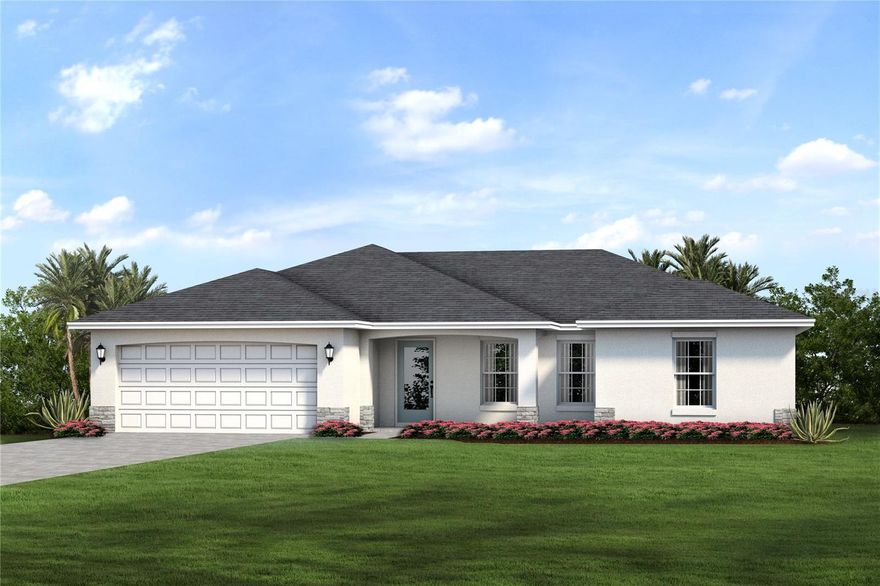 Under Construction. New construction! The "Pineland" model. Beautiful 3 bedroom, 2 Bath Home. Home includes a 10 year structural warranty and a 1 yr warranty! Open floor plan with cathedral ceilings and center island kitchen. Spacious living room leads to large covered lanai. Concrete Block Construction, Under Truss Lanai, high efficiency AC system, Moen plumbing fixtures, Dimensional Shingles, PGT Impact Resistant Low E Insulated windows, 36” upper cabinets with soft close doors, Granite Counters in Kitchen and Bathrooms, Stainless Steel Kitchen appliance package, colonial style raised panel doors, electric garage door opener, tile flooring in main living areas , Stone Accents on front elevation of the home, irrigation system, epoxy coated garage floors, upgraded to paver driveway. You will not find another new construction home at this price with this quality of construction! *DISCLAIMER: Renderings, Photos, Virtual Tours are of like model and are used for display purpose only, actual property may vary.