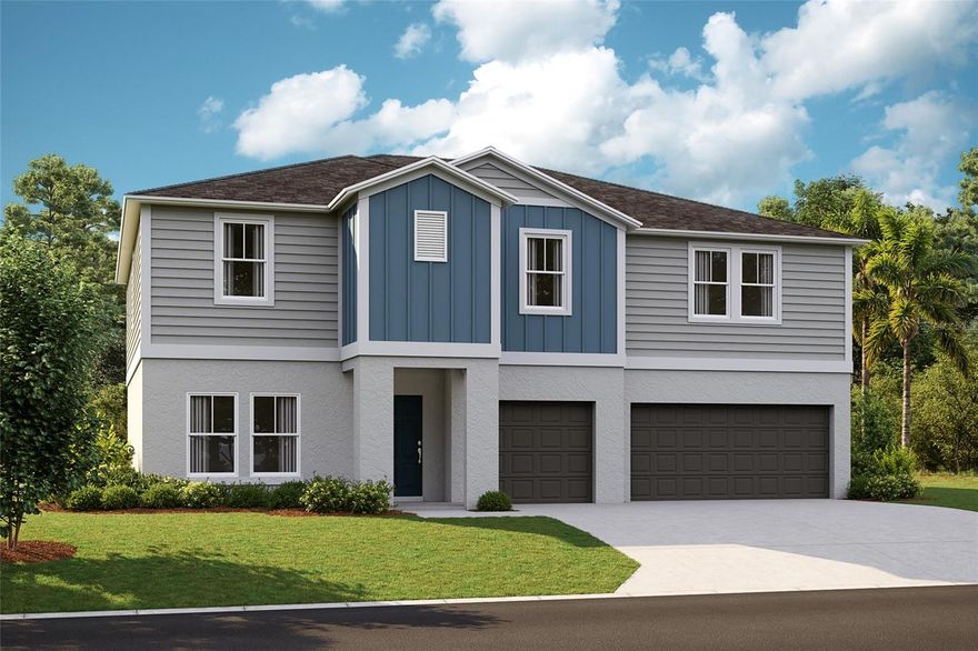 One or more photo(s) has been virtually staged. Under Construction. Live boldly in the Violeta, a two-story masterpiece featuring 5 bedrooms, 3 bathrooms, den and 3-car garage. The open-concept layout invites you into a stunning kitchen that seamlessly flows into the expansive living and dining areas, which opens to a generously sized lanai—perfect for both hosting and relaxing. The kitchen was designed to impress with sleek quartz countertops, 42” upper cabinets, stainless steel appliances and luxury vinyl plank flooring. A versatile den, accessible from the foyer, offers an ideal spot for a private office or home gym. On the first floor, a secluded guest suite with its own bathroom ensures comfort and privacy. Upstairs, you'll find a flexible recreation room alongside the luxurious owner’s suite, featuring a floor-to-ceiling tile walk-in shower, dual vanities, and an oversized walk-in closet. The additional bedrooms are also located upstairs with the spacious laundry room! Outside, the stylish elevation and professional landscaping enhance the home’s curb appeal, while the smart thermostat ensures perfect comfort year-round. 
Just outside your door, life at Pasadena Landing in Wesley Chapel puts you close to local favorites like KRATE at The Grove and The Grove at Wesley Chapel, with community amenities including a pool, dog park, and tot lot—and all without CDD fees.