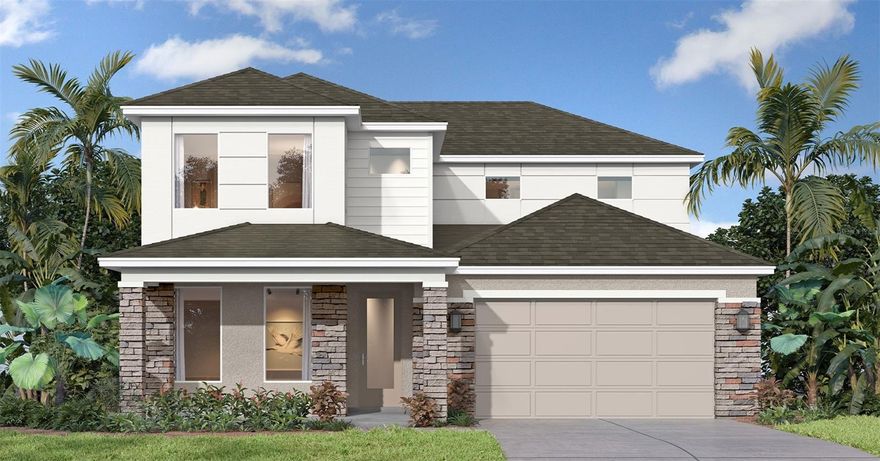 Under Construction. Welcome to the Plumeria 2-story contemporary home offering 2,532 sq ft of thoughtfully designed living space and beautiful water views right from the front of the home. The striking elevation features clean lines and panoramic windows, creating incredible natural light and modern curb appeal, complemented by a paver driveway and 2-car garage. As you step inside, you’re welcomed by tall ceilings and elegant 8’ doors throughout, enhancing the open and airy feel. Just off the foyer, you’ll find the first bedroom with a full bathroom, perfect for guests or a private home office. Continuing down the hall, you’ll discover convenient storage space tucked neatly under the stairs, providing practical organization without sacrificing style. The home then opens into a spacious open-concept kitchen, dining, and living area all perfectly positioned to capture tranquil water views. The kitchen is beautifully appointed with quartz countertops, 42” cabinets, and ample space for cooking and entertaining. Tile flooring flows throughout the main living areas, offering both durability and elegance. Step outside to the covered lanai with pavers, ideal for relaxing or entertaining while enjoying the peaceful waterfront setting. Upstairs, you’ll find 4 additional bedrooms, 3 full bathrooms, and a conveniently located laundry room. The primary suite is a private retreat featuring a spacious walk-in closet and a luxurious primary bath with a walk-in shower. Carpet on the stairs and throughout the second floor adds warmth and comfort to the private living spaces. Additional highlights include smart home features for modern convenience and functionality. This 5-bedroom, 4-bathroom home perfectly blends contemporary design, space, and stunning water views, an exceptional opportunity for comfortable and stylish living.