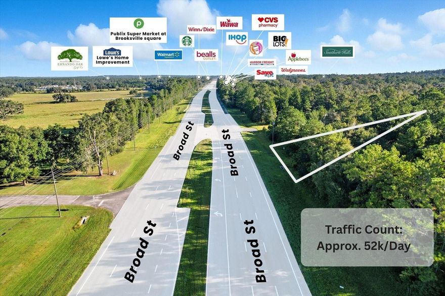 Unlock the potential of this .32-acre commercial lot, strategically located on bustling Broad Street (US-41), a major thoroughfare with high daily traffic. This blank canvas offers an exceptional opportunity to build your business from the ground up in a thriving commercial area. Positioned between Cortez Boulevard (SR-50) and Spring Hill Drive, this lot enjoys close proximity to major retail destinations, including Lowe's, Walmart, and Harbor Freight, ensuring excellent visibility and accessibility. Adjacent to the established Big Tree Mobile Home Park, this property benefits from a steady flow of local residents. Imagine the possibilities! This versatile lot is ideally suited for a variety of commercial ventures, including:Convenience Stores, Automobile, Tire, and Truck Establishments, Light Wholesale and Storage Units, Laundry/Dry Cleaning business, Publishing/Printing Services, Veterinarian and Animal Clinics or Hospital Services. Whether you're an investor seeking a prime development opportunity or an entrepreneur looking to establish a new business, this lot's strategic location and diverse potential make it a must-see. Don't miss out on this chance to create your vision in a high-demand commercial corridor!