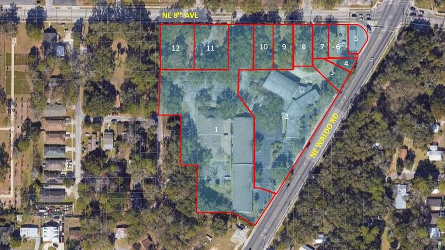 Property Assemblage for sale. Sale includes: 12 parcels consisting of 7.07 acres of land and 4 office buildings offering 50,719 total SF. Located on the West corner of NE Waldo RD and NE 8th AVE. Zoning: PD, U4 and U6.