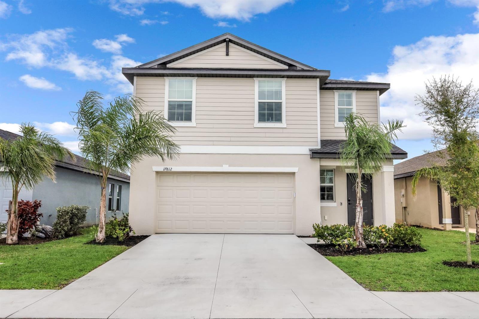 Welcome to 17812 Belforte Ct, a MOVE-IN-READY, 2023-built residence in CRANE LANDING, North Fort Myers. This 4-BEDROOM, 2.5-bath home, plus den, offers 1,885 sq ft of LIVING SPACE and a 2-CAR GARAGE, situated on a LAKEFRONT lot. The Atlanta floorplan features an OPEN-CONCEPT design with a spacious kitchen, including a QUARTZ ISLAND, STAINLESS STEEL appliances, white cabinetry, and a walk-in pantry. Extended tile flooring flows through the living areas, complemented by a formal dining space and an airy family room with large WINDOWS. The OWNER’S SUITE upstairs boasts a water view and master bath with dual sinks, shower, and a walk-in closet. Also, upstairs are three additional bedrooms, a second full bath, with ceiling fans throughout for added comfort. This two-story home includes a SPACIOUS back yard, room for a pool, and an indoor laundry room, auto sprinklers, and shutters for STORM PROTECTION. Enjoy LAKE and landscaped views from the rear (eastern exposure). CRANE LANDING, a non-gated COMMUNITY, offers streetlights, underground utilities, and amenities such as basketball, pickleball, tennis courts, a soccer field, and a playground. Pets are allowed with limits per HOA restrictions. Conveniently located between Fort Myers and Cape Coral, this home provides easy access to US-41, FORT MYERS BEACH, SANIBEL ISLAND, and Downtown Fort Myers’ dining, shopping, and arts scene. With central water, sewer, and electric, plus a modern concrete-block build and shingle roof, this property blends comfort and practicality. Don’t miss this opportunity—schedule your SHOWING today!