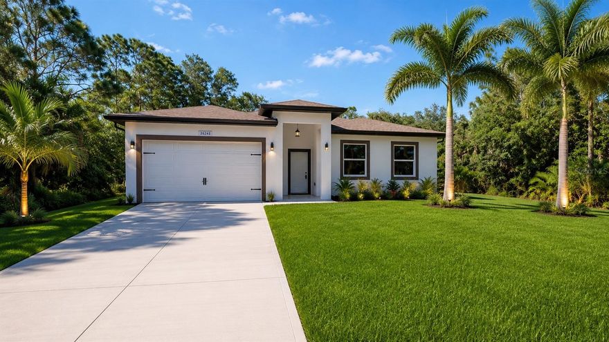 One or more photo(s) have been virtually staged. Brand-new construction in quiet South Punta Gorda! This beautifully finished 3-bedroom, 2-bath home offers modern design, open-concept living, and quality finishes throughout. The spacious great room features soaring ceilings, recessed lighting, and seamless flow into the gourmet kitchen complete with stainless steel appliances, stone countertops, and ample cabinet space. Tile flooring runs throughout the home for easy maintenance and a sleek contemporary feel. The private primary suite includes a large walk-in closet and elegant ensuite bath. Situated on a peaceful wooded lot with no HOA, this home combines comfort, style, and privacy in an ideal location close to US-41, shopping, dining, and boating opportunities.