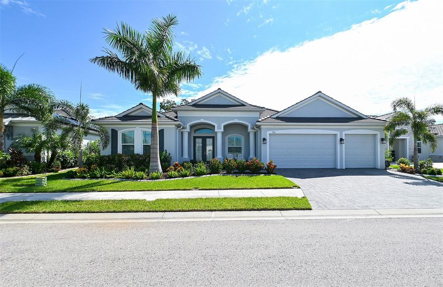 This lovely, newer home has hurricane windows and doors and provides three generously sized bedrooms, two full baths and an office/fourth bedroom. The spacious primary bedroom offers an elegant tray ceiling, direct access to the lanai, ample closet space and an en-suite with walk-in shower, large soaking tub and dual vanities.  The open concept, gourmet kitchen is complete with quartz countertops, enormous breakfast bar, walk-in pantry, sleek gray soft-close cabinets and top of the line stainless steel Samsung appliances.  Other features include 16” diagonally laid tile floors, plantation shutters, tray ceilings, three car garage with epoxy flooring, a heated salt water pool with color changing, underwater led lights and screened in extended lanai. Separate laundry room has a utility sink and built in cabinets. Beautiful landscaping with quiet serene backyard. Amazing double front doors with frosted glass to let light in. Located in Waverley subdivision and only minutes from I-75.  Only a short drive from world famous Siesta Key beach, Lido beach, golf courses, St. Armand’s Circle and downtown Sarasota. Sarasota Schools, Riverview HS.  No CDD, low HOA.