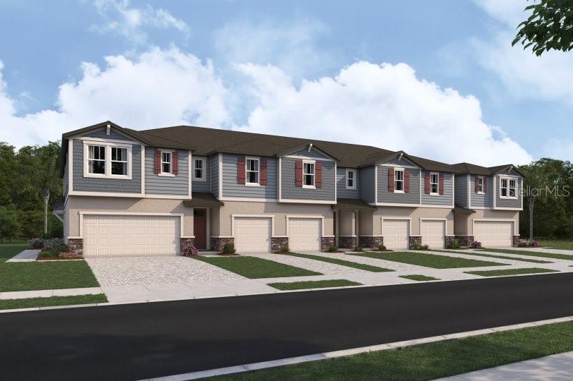 Under Construction. Welcome to the Lakewood, a thoughtfully designed 1,691 square foot townhome that offers the perfect blend of comfort, style, and functionality. Featuring three bedrooms, two full bathrooms, a convenient powder room, and a one-car garage, this home is ideal for modern living.
Step inside to an inviting open-concept main floor that seamlessly integrates the kitchen, dining, and great room areas—perfect for entertaining or everyday life. The L-shaped kitchen is a chef’s delight, boasting Grey cabinetry, sleek white quartz countertops, durable yet elegant Luxury vinyl flooring on the first floor, a walk-in pantry, and a generous island with a flush breakfast bar that comfortably seats four. Just beyond the great room, glass sliders lead to a covered lanai, creating a bright and airy extension of the living space. The lanai also includes a handy storage closet, ideal for stashing seasonal items or outdoor gear. The powder room is conveniently located just off the foyer for guests.
Upstairs, the landing area provides access to the laundry space and a linen closet for added practicality. The two secondary bedrooms are positioned on one side of the home and share a spacious full bathroom. One of these bedrooms even includes a cozy seating area, making it perfect for guests or a private retreat.
The owner’s suite offers a luxurious escape with a dual-sink raised vanity, glass-enclosed shower, private water closet, and a large walk-in closet that provides ample storage.
Designed with energy efficiency in mind, the Lakewood includes a hybrid hot water heater and is rated with a HERS (Home Energy Rating System) score, ensuring lower utility costs and environmental impact. Thoughtful exterior touches such as paver driveways, walkways, and lanais add curb appeal and long-lasting durability.
The Lakewood combines smart design and elegant finishes to offer a lifestyle of comfort and convenience—welcome home.