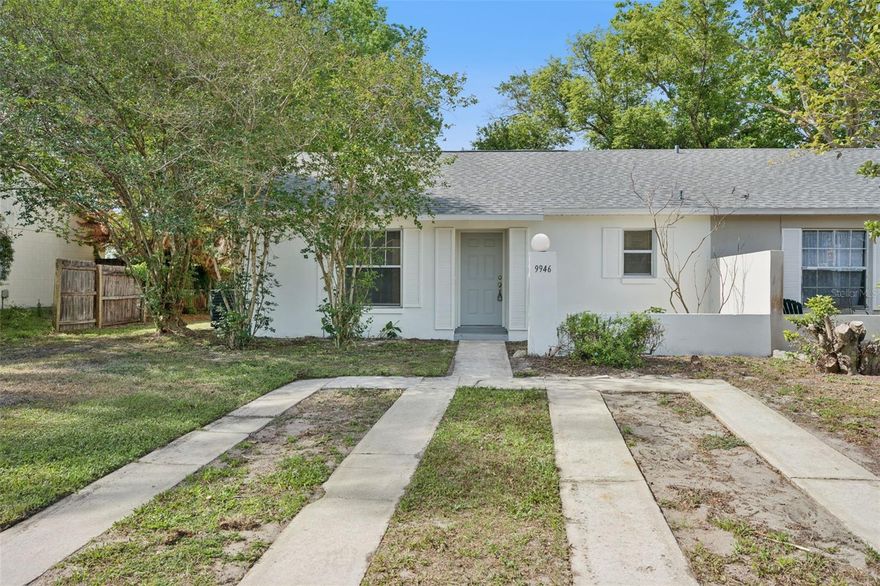 Welcome to 9946 River Crest Court, a beautiful 3 bedroom, 2 bathroom home in Orlando's River Crest community. This move-in ready home features a brand NEW roof installed in 2026, brand NEW carpet and luxury vinyl flooring throughout, and a NEW freshly painted exterior that delivers outstanding curb appeal. Inside, soaring vaulted ceilings set the tone for the spacious open living and kitchen area, while the wonderful primary bedroom offers a generous walk-in closet, and a rear patio and exterior storage room make this home as functional as it is inviting. With several major updates already completed, this home is a great opportunity for someone looking to add their own personal touch.
