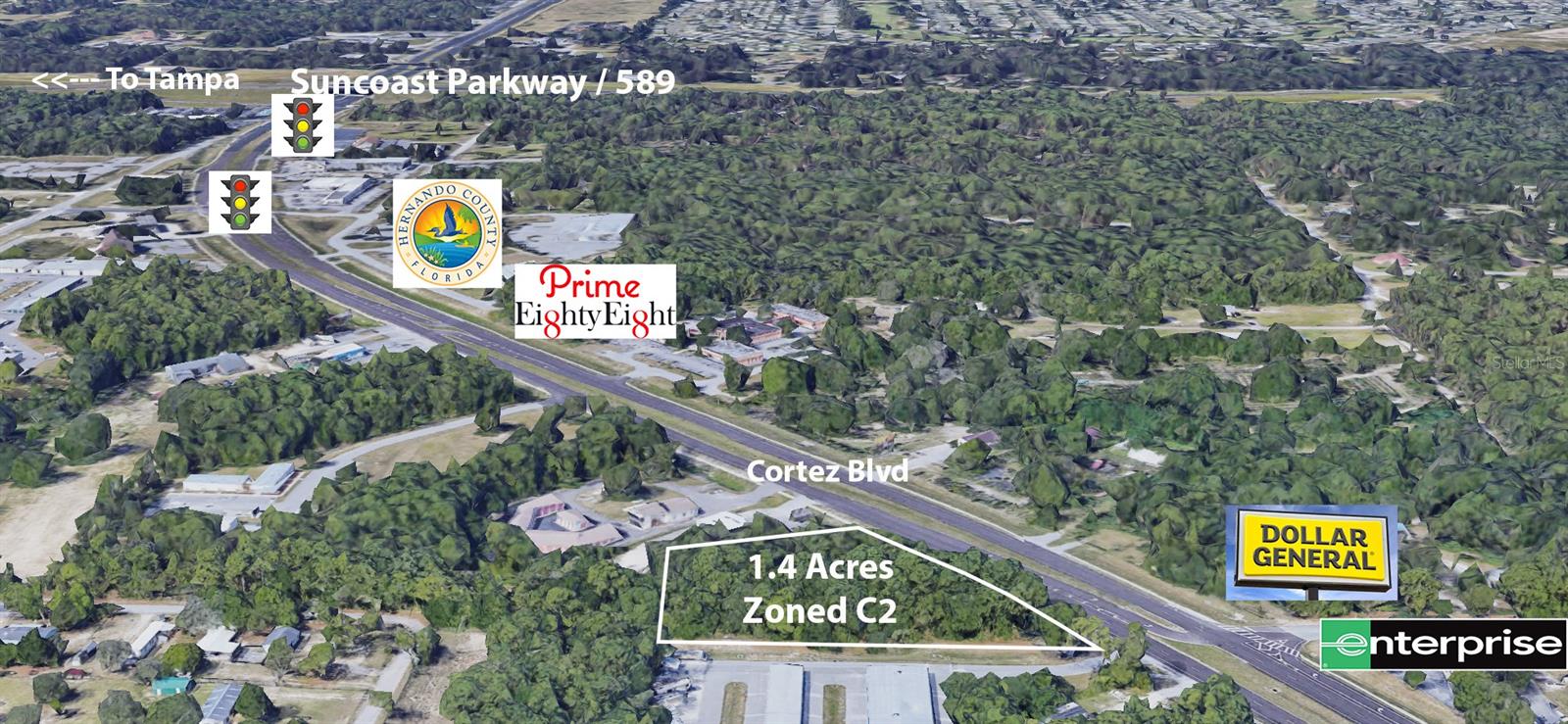 1.4 ACRE LOT with 360 feet of frontage on Cortez Blvd. Less than 1 mile to the Suncoast Parkway!! ZONED C2. 19,900 AADT. Great site for a Hotel, auto shop, quick auto service shop, restaurant, auto sales, RV/boat storage, retail, endless opportunities! Microtel Hotel Franchise potential site!