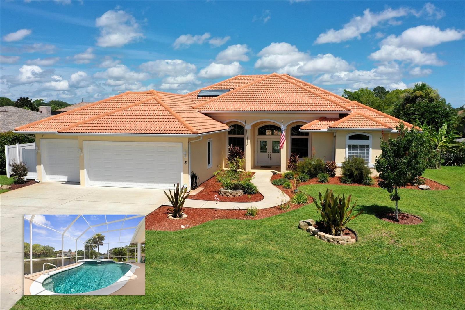 Mediterranean Waterfront Retreat with Ocean Access, Private Boathouse & Lift. Experience the perfect blend of luxury, function, and Florida waterfront living in this exquisite 3-bedroom, 3-bath Mediterranean-style pool home, complete with a dedicated office, 3-car garage, and boater’s paradise amenities—including a private boathouse with 5-ton lift, and direct ocean access via canal.
Located on a quiet cul-de-sac in one of Palm Coast’s most desirable neighborhoods, this meticulously maintained 2,558 sq ft home is set on beautifully landscaped grounds featuring mature lemon, banana, and loquat trees, and is just 5–15 minutes by boat to Palm Coast Marina and the Intracoastal Waterway. Step inside to find 12-foot ceilings, tile floors, upgraded LED lighting, and a thoughtfully designed open floor plan that seamlessly blends elegance and comfort. The gourmet kitchen includes new GE convection wall ovens, a quiet Whirlpool dishwasher, and expansive counter space—perfect for entertaining. Enjoy meals in your formal dining room or casual breakfast nook overlooking the intimate family room with gas fireplace. Retreat to the luxurious primary suite featuring dual custom walk-in closets, a spa-inspired ensuite bath with soaker tub, walk-in shower, dual vanities, and private water closet, plus direct access to the lanai. The screened lanai (new in 2024) surrounds a heated saltwater pool and spa, ideal for relaxing, entertaining, or unwinding under the stars. With no HOA and just 3 miles to I-95, this exceptional residence offers privacy, modern comfort, and a lifestyle of year-round waterfront enjoyment—all within minutes of beaches, golf, shopping, dining, and European Village.