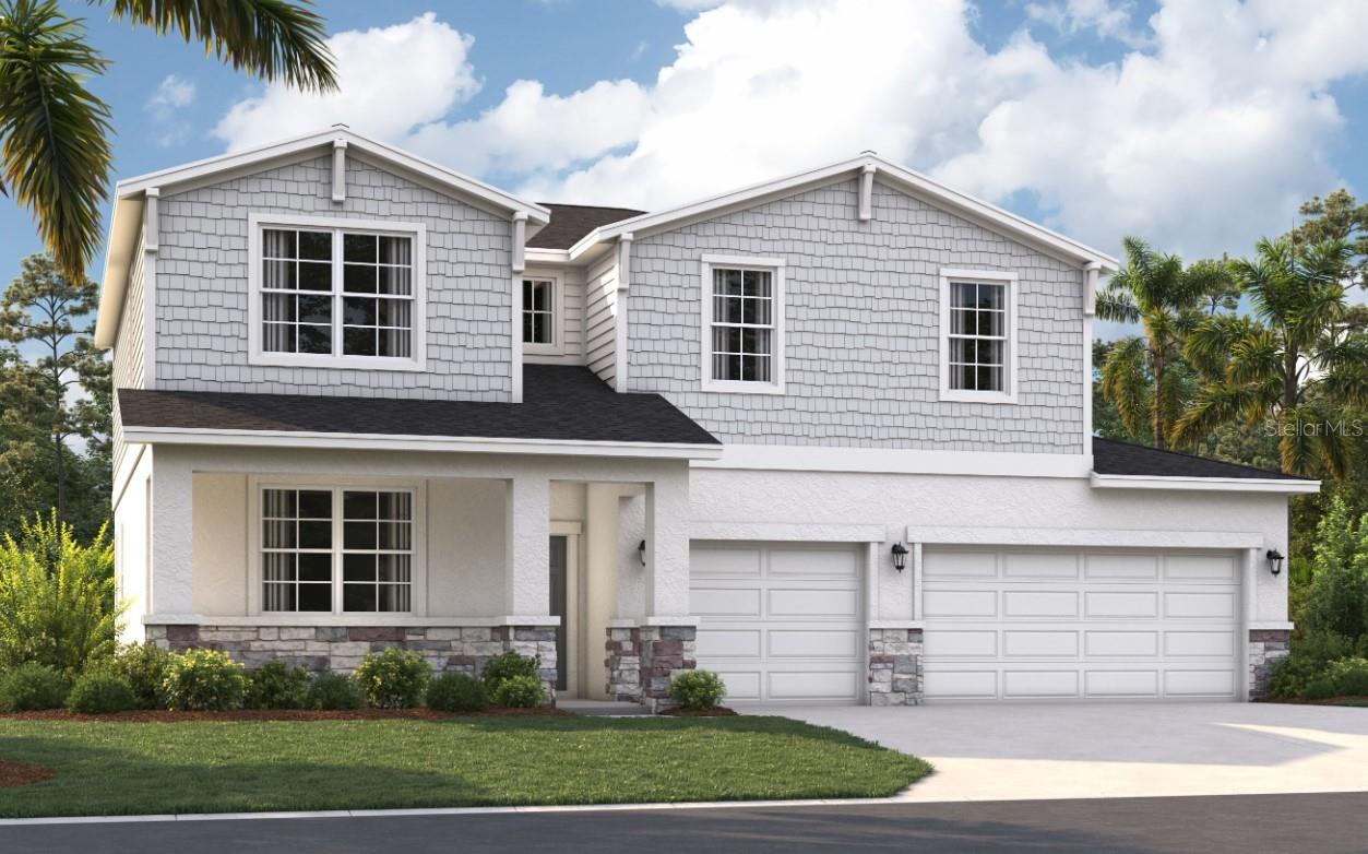 One or more photo(s) has been virtually staged. Welcome to Green Leaf, where modern living meets natural beauty. The homes in this new Brevard County neighborhood are thoughtfully designed to meet your diverse needs, featuring designer-inspired features and open-concept floor plans. You'll fall in love with the modern home designs, spacious three-car garages, expansive homesites, and accessibility of this incredible location. Just minutes from nearby beaches and many outdoor recreation areas and convenient to major highways (I-95, FL 192, and US-1), you'll have the perfect combination of coastal living and easy access to Central Florida attractions. Commuting will be a breeze now that you're close to many area employers, including L3 Harris Technologies, and just 17 miles from Patrick Space Force Base.
The two-story Linden offers the perfect amount of space and smart storage for all buyers. The main living area includes an open-concept kitchen complete with an oversized island and pantry, a spacious family room, dining area, and an additional flex room—an ideal space for working from home. After work, utilize your outdoor space to enjoy the Florida sunset. Upstairs, a roomy loft offers a cozy space with endless possibilities, and just down the hall, you'll find three guest bedrooms, a shared bathroom with a double vanity, and a walk-in laundry room. The large master suite offers plenty of space with a huge walk-in closet and an ensuite bathroom with a stand-up shower and linen closet.