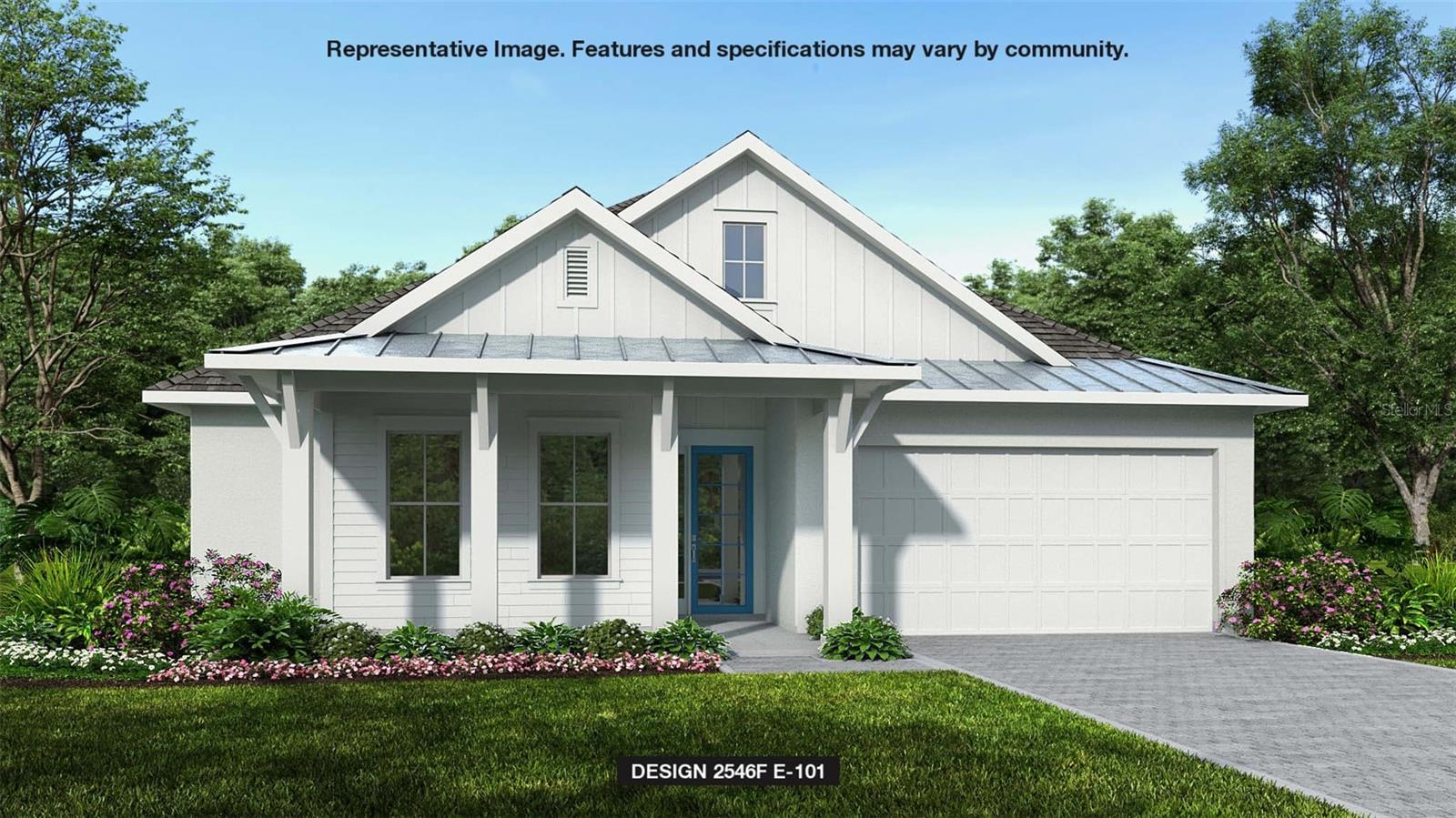 Pre-Construction. To be built. Step off the welcoming front porch into the grand entryway embraced by an extended tray ceiling. Two secondary bedrooms with walk-in closets are off the main entrance. A guest suite with full private bathroom is across the hall from the bonus flex room. The family room offers ample natural light and overlooks the backyard covered lanai. The kitchen boasts an island with built-in seating, a corner walk-in pantry, and ample counterspace. The corner dining area is embraced by two walls of windows. The primary bedroom overlooks the backyard space. Double doors lead into the bathroom which hosts dual vanities, a garden tub, glass enclosed shower, and two walk-in closets. The laundry room is right off the drop zone which leads into the three-car garage.
