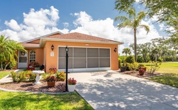 Welcome to Your Future Dream Home, in the 55+ community, The Tree Tops at Ranger Point! This 3-bedroom, 2-bathroom hidden gem is bursting with charm and character. Nestled in the highly desirable community, this residence offers the perfect blend of tranquility and accessibility, exuding a unique charm that captures the essence of coastal living. The UPDATED, EAT IN KITCHEN, boasts a large pantry closet, an island cooktop, coffee bar, built in microwave and oven, double sinks, STAINLESS STEEL APPLIANCES, breakfast nook, GRANITE COUNTERTOPS, ample cabinets and a convenient pass thru to the dining room. The dining room is open to the spacious living room with CATHEDRAL CEILINGS. The sliders pocket behind glass offering a wall of natural light into your living space allowing you to soak up the serenity of the outdoors from both your living room and lanai. You’ll be thrilled to find a split bedroom plan with an oversized master bedroom with a walk-in closet, sliders to the lanai and ensuite bathroom with a walk-in shower. The guest area offers 2 additional bedrooms. The larger guest bedroom measuring 13 X 11 was extended during construction and is sure to please all your visiting friends and family. NEW AIR CONDITIONER, FRESHLY PAINTED INSIDE AND OUT. UPDATED BATHROOMS and NEW CARPETING IN THE BEDROOMS. One more reason to love this home is the fact that the land to the right of the home is common property extending the greenbelt surrounding this beautiful home. And let's not forget about the community itself! Your LOW HOA handles lawn care and maintenance, HEATED POOL, PICKEL BALL and tennis courts, shuffle board and many year-round SOCIAL ACTIVITIES. Tree Tops is a GOLF CART COMMUNITY with golf cart access to the community pool and activities and a couple local venues offering food, drinks and free entertainment as well as the Myakka River and Myakka Fishing Pier where you can enjoy some of Florida’s most beautiful sunsets. The outdoor enthusiast in you will love the closeness of boating and fishing from the marina and boat ramp also within a golf cart ride. You will also find several Gulf Shore Beaches and golf courses close by. With its casual style and unbeatable location, this home is the perfect spot to live the relaxed and carefree Florida lifestyle you've always dreamed of. FURNITURE, GOLF CART AND GENERATOR ARE NEGOTIABLE. Four Point Inspection Available.