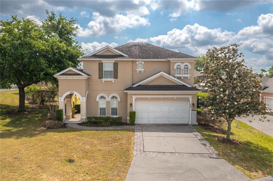 Welcome to this spacious 5-bedroom, 5-bath pool and spa home, ideally situated on a premium oversized corner lot in the highly sought-after community of Calabay Parc in Davenport, Florida. Offering both luxury and flexibility, this impressive property features three spacious primary suites—including two conveniently located on the ground floor—along with an office/den that can easily serve as a sixth bedroom.  A third full bath on the main level serves as the pool bath allowing entry from outside as well as inside.  Designed for comfort and entertaining, the two-car garage was converted into a fully air-conditioned game room but could be easily transitioned back as the garage door is still in place!  The expansive open-concept layout showcases a fully tiled main living area, a formal dining space, and a cozy dining nook just off the kitchen. The well-appointed kitchen includes a breakfast bar and stainless-steel appliances, making it ideal for everyday living or hosting guests.  Moving upstairs, you will find the third primary suite as well as two additional bedrooms and the fifth bathroom.  Set on one of the largest and most desirable lots in the community, approximately one-third of an acre, this home provides ample yard space.  Step outside to your private resort-style retreat featuring a 28’ x 14’ heated pool and spa, surrounded by an expansive extended deck and covered lanai. The fully screened enclosure ensures both comfort and seclusion while enjoying all-day sunshine.  This home presents an outstanding opportunity as a spacious and comfortable full-time residence OR short-term vacation rental!  Conveniently located within easy reach of Walt Disney World resorts and parks, as well as shopping, dining, golf, and major roadways, this property truly offers the best of Central Florida living.