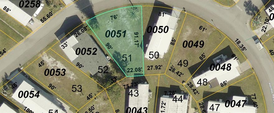 VACANT LOT in HOLIDAY PARK!! Unit has been removed.  Electricity, water and sewer in place. Wonderful community with only the lowest HOA fees -$195 A MONTH for the most amenities--GATED 55+ Community with two swimming pools, tennis and pickle ball courts, clubhouse, horseshoes and more all conveniently located to North Port's shopping centers and down the road from the West Villages, Wellen Park and Braves Train Stadium. Not on the North Port Scrub Jay list 09/13/23 - please reconfirm during due diligence. North Port is the 7th largest land mass in Florida-the 110th largest in the country!! The growth and potential are absolutely amazing. Conveniently located to shopping, dining, parks, and all that up and coming North Port has to offer (where so much of the city is new and still being built!). Many beaches located within a 35 minute drive from this lot. New construction is everywhere you look and you can be part of the action. Information about local builders is available upon request. Also great for self directed IRAs, 401Ks and other investment portfolios