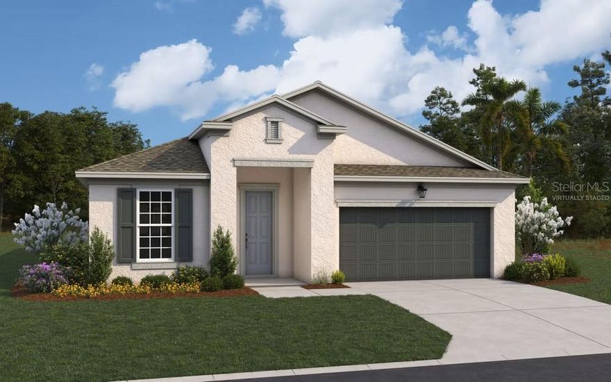 One or more photo(s) has been virtually staged. Under Construction. Experience the perfect blend of elegance, functionality, and serenity with the Lucca floorplan. Spanning 2,111 square feet of thoughtfully crafted single-story living, this home is designed for modern families seeking comfort, style, and versatility. At the heart is an open-concept layout that seamlessly connects a spacious family room, dining area, and a gourmet kitchen. The kitchen boasts a generous center island, ample counter space, and a walk-in pantry, making it an entertainer's paradise for hosting gatherings or preparing everyday meals with ease. This home offers 4 spacious bedrooms and 3 full bathrooms, ensuring plenty of room for family, guests, or even a home office. The private primary suite serves as a luxurious retreat, complete with a massive walk-in closet and an en-suite bathroom featuring dual vanities and a spa-like walk-in shower. A flexible bonus room—perfect as a study, playroom, or hobby space—adds even more adaptability to suit your lifestyle. Step outside to a covered lanai, ideal for al fresco dining or relaxing in the fresh air. The 2-car garage provides convenient storage, with optional unfinished space for customization. Nestled on an oversized lot with stunning, unobstructed views, this 1-story residence invites you to escape the ordinary and embrace tranquility. Say goodbye to burdensome CDD fees and enjoy affordability with a low $91 monthly HOA. Expansive windows flood the interior with natural light, while private outdoor spaces create a harmonious flow between indoors and out—perfect for those craving a peaceful haven with endless vistas. Whether you're starting a new chapter or downsizing without compromise, the Lucca floorplan delivers timeless appeal and everyday luxury.