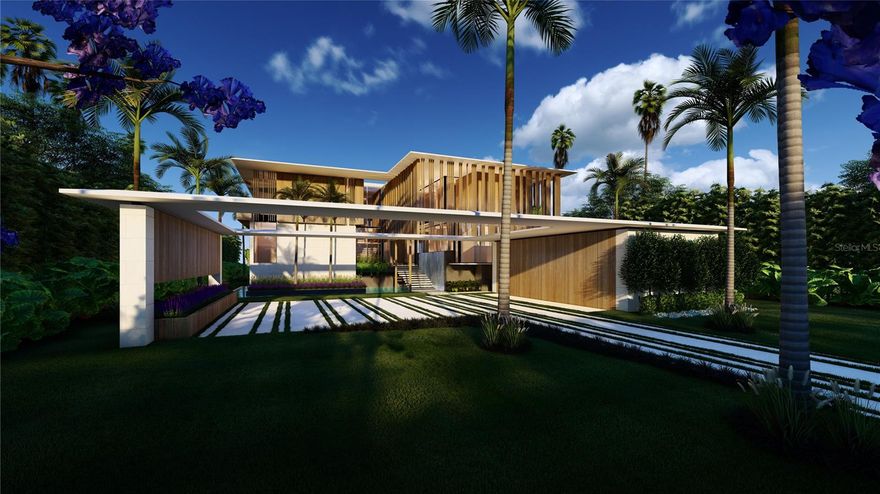 Pre-Construction. To be built. Experience the pinnacle of Sarasota Bayfront living in this architectural masterpiece by internationally renowned Choeff Levy Fischman. Framed by cinematic sunsets, this 7-bedroom, 8 bath and 2 half bath modern estate blends sculptural design with resort-style amenities.

A serene reflecting pond and cascading water wall set the tone for the home’s tranquil elegance. A two-story entry foyer leads into a stunning living space anchored by a striking ribbon fireplace and expansive glass capturing endless Bay views. The open layout flows seamlessly to the dining area, bar, executive office, and private theater, creating an ideal environment for luxurious living and entertaining.

The sleek open kitchen is accompanied by a pantry/staff kitchen, lounge, and breakfast area that connect effortlessly to the outdoor expansive grade-level and upper terraces, a shimmering swimming pool, hot spa, fire pit lounge, and a covered summer kitchen with alfresco dining.
Wellness is elevated with a dedicated gym, gym bath, sauna, and steam/shower, while a staff suite, multiple laundry rooms, and a four-car garage add convenience. A full elevator services all levels.

The private suites are thoughtfully designed. A luxurious mini–primary suite offers a balcony, glass-enclosed shower, floating tub, and walk-in wardrobe. The primary suite features a spa-inspired bathroom with another glass shower, floating tub, and an impressive wardrobe. Additional bedrooms include en-suite baths, walk-in closets, sitting areas, and balconies.
Completing this exceptional residence is a rare rooftop turf lounge, offering breathtaking panoramic Sarasota Bay views. 
All just moments from Sarasota’s world-class dining, shopping, award-winning beaches, and premier performing arts. *The adjacent north parcel is also available for purchase at $5,500,000, offering a valuable opportunity for expanded ownership or future development*