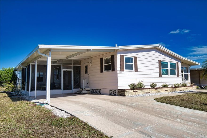 Don’t miss is your chance to enjoy the Florida dream in a vibrant 55+ community! This lovely La Casa  home features an open concept kitchen/dining/living room area that is perfect for entertaining guests. The living room opens to an oversized Florida Room with windows on 3 walls for lots of natural light. The primary bedroom is extremely spacious with an private bathroom that offers a generous walk-in closet and a walk-in shower. Secondary bedroom features 2 wall closets with great size guest bath right across the hall. New Shed 2024. Membrane Roof 2024. New Vapor Barrier 2024. A/C 2022. 
La Casa boasts 974 homes nestled among a variety of native trees with spacious common grounds surrounding our eight lakes.  The ultimate lifestyle on Florida's Gulf Coast is located between Sarasota and Fort Myers and is a boater's dream with access to the Gulf of Mexico. It is convenient for shopping, sightseeing, golfing, fishing, and boating, as well as all the culture and elegance the Southwest Florida area is noted for. Residents and visitors enjoy the warmth of Southwest Florida winters in a relaxed and unhurried environment far removed from the hustle of Florida's east coast. You'll be surrounded by mature lush landscaping which demonstrates the utmost level of care our property receives from residents and management. La Casa may have the best pools in the area with an extremely large, 40 X 60-foot swimming pool that is kept at a perfect 87 degrees and second 20 x 40 pool quietly nestled between the clubhouse and the Activity Building. Both pools have adjacent hot tubs. Free Wi-Fi is available for your convenience at the Clubhouse, Activity Building, Recreation Hall area and  pools & spas.