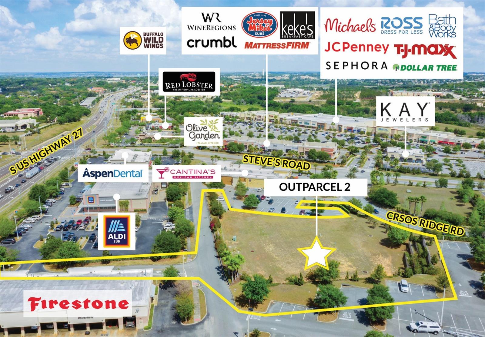 We are pleased to present Clermont Crossings, the remaining outparcels available with the BJ Wholesale Club Anchored Center. Outparcel 2 is 90% pad ready with off-site retention and all utilities located at the perimeter of the site. Lot 2 is a little over 2.45+ acres with excellent exposure from HWY 27 and access into BJ's Wholesale Club. Site is situated between Firestone and Aldi's foods and near the Wal-mart Supercenter. the Power Center including big box national tenants such as IHOP, Jimmy Johns, TJ Maxx and many others. Lot 2 benefits from the monumental signage on Hwy 27 and Steve's Road with ADTC over 39,500 daily on US HWY 27. One is able to construct per the PD 15,000/SF on Lot 2. Come and be apart of the explosive growth happening in the city of Clermont.