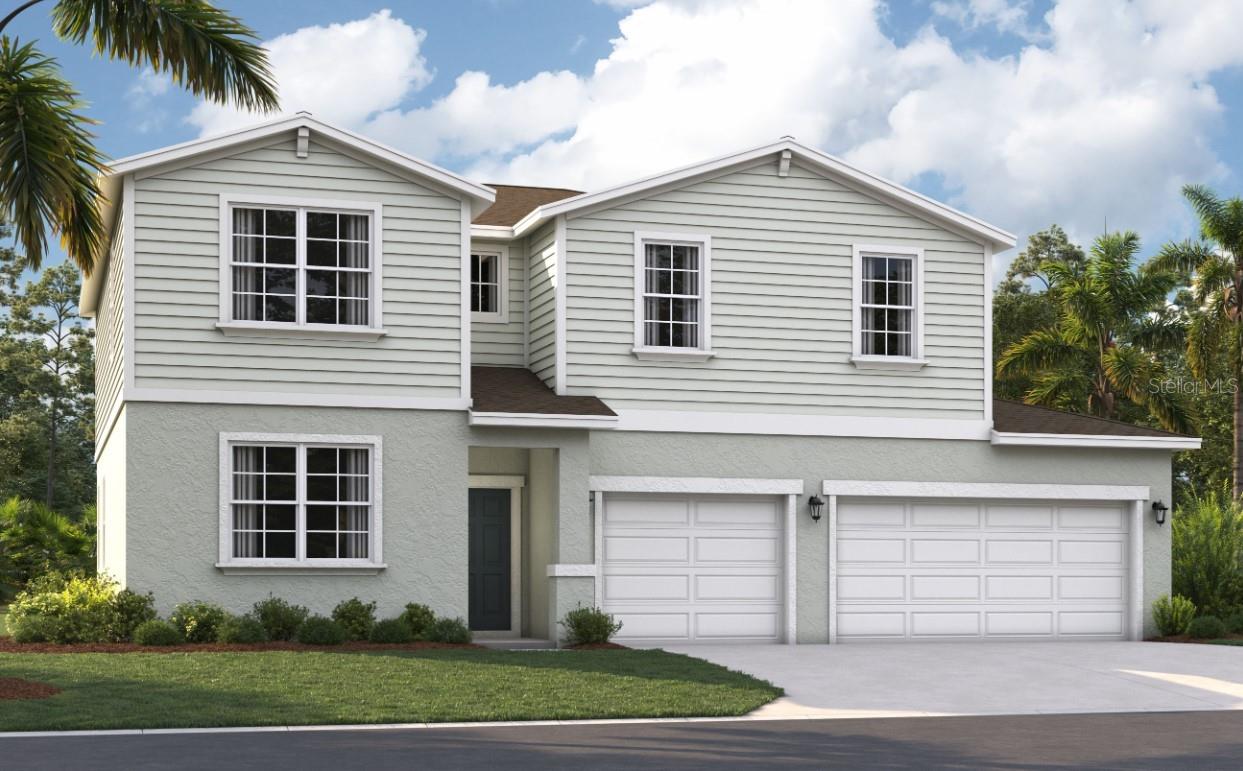 One or more photo(s) has been virtually staged. Under Construction. Welcome to Green Leaf, where modern living meets natural beauty. The homes in this new Brevard County neighborhood are thoughtfully designed to meet your diverse needs, featuring designer-inspired features and open-concept floor plans. You'll fall in love with the modern home designs, spacious three-car garages, expansive homesites, and accessibility of this incredible location. Just minutes from nearby beaches and many outdoor recreation areas and convenient to major highways (I-95, FL 192, and US-1), you'll have the perfect combination of coastal living and easy access to Central Florida attractions. Commuting will be a breeze now that you're close to many area employers, including L3 Harris Technologies, and just 17 miles from Patrick Space Force Base.
The two-story Linden offers the perfect amount of space and smart storage for all buyers. The main living area includes an open-concept kitchen complete with an oversized island and pantry, a spacious family room, dining area, and an additional flex room—an ideal space for working from home. After work, utilize your outdoor space to enjoy the Florida sunset. Upstairs, a roomy loft offers a cozy space with endless possibilities, and just down the hall, you'll find three guest bedrooms, a shared bathroom with a double vanity, and a walk-in laundry room. The large master suite offers plenty of space with a huge walk-in closet and an ensuite bathroom with a stand-up shower and linen closet.