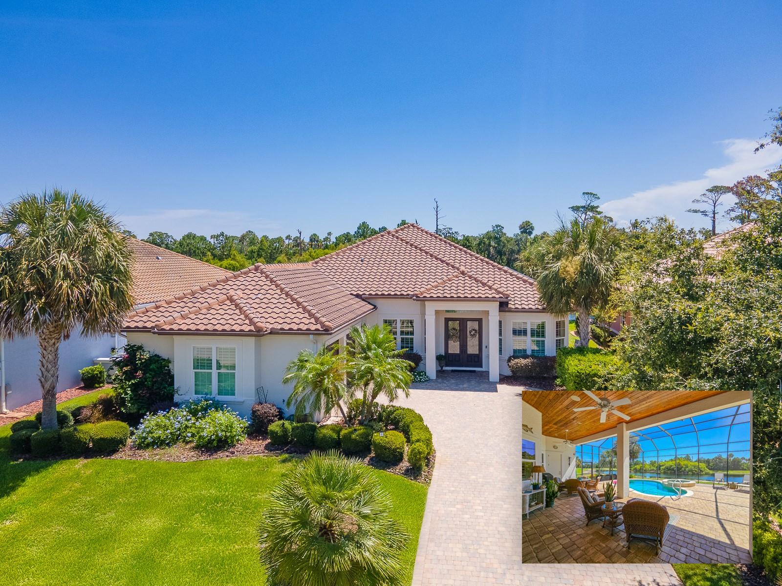 STUNNING LAKEFRONT POOL HOME IN PALM COAST PLANTATION! Nestled on a lakefront lot, the pool and entertainment deck overlooks Lake Heron for a private, oasis like feel. Magnificent sunrises. Exterior hardscape and landscape accentuate the coastal elegance with a lovely paver driveway, walks and pool deck. This Dell Construction home is a custom design and build. Concrete block construction is topped by a beautiful barrel tile roof. Double glass-inset doors welcome you into the home with the pool and lake view front and center beyond the open living area. This custom home features superior craftsmanship and natural, quality materials. Finishes, from the sand-colored floor tile on a diagonal, light wood lined ceiling features inside and out, gorgeous wood cabinetry and complementary granite countertops bring a timeless, classic look that will never go out of style. Custom Plantation style shutters and high tray ceilings add elegance to the space. This home is ideal for making memories with family and friends. The generous living area is open to kitchen and dining. The kitchen features a large granite island, a breakfast nook overlooking the pool, a large pantry and custom, natural wood cabinetry. A dual-fuel range uses propane gas for the cooktop and electric for the oven. Another dining area and a massive, covered entertainment area on the screen enclosed pool deck offers space for the largest of gatherings. The thoughtful split bedroom floor plan features a primary suite overlooking the pool with a luxurious en-suite bath and generous closet space. The second bedroom features another en-suite bath that opens onto the pool deck as well. The third bedroom and another bath reside on this wing. A bonus room and interior laundry complete this home. The oversized 2.5 car garage offers plenty of storage, including a climate controlled, owner safe-storage room in addition to a secondary storage room. A man door from the garage leads to the side yard. Palm Coast Plantation offers the ultimate in waterfront living with a community dock on the ICW in a serene, natural setting with spring-fed lakes and trails. A Key West style clubhouse with games and fitness center, sport courts including basketball, tennis, pickleball and a resort style lounging and lap pool. Countless beaches, exceptional parks and the Hammock Beach Resort are just minutes away over the bridge, and a 30-minute drive will take you to historic St Augustine to the north or to world-famous Daytona Beach to the south. A short 3.7 miles to the beach. Schedule your tour today and plan to start making special memories in this wonderful home in this exceptional community.