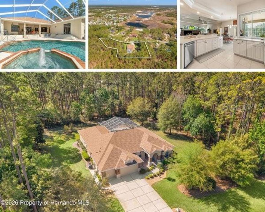 Where Else Can You Find - 2.9 WOODED ACRES, A PRIVATE CUL-DE-SAC, 4 BEDROOMS, A 3-CAR GARAGE, A BRAND NEW ROOF, AND A MASSIVE HEATED SALTWATER POOL & SPA -- All On One Of The Largest And Most Private Lots In The Neighborhood? That's exactly what this ALEXANDER-BUILT CUSTOM HOME delivers, and THERE IS NOTHING ELSE LIKE IT IN THE COMMUNITY. 

Situated on a quiet CUL-DE-SAC with 2.9 WOODED ACRES surrounding you, this is the rare home where you step into your backyard and see nothing but trees. No neighbors in sight. Just peace, privacy, and 3,182 square feet of beautifully maintained living space that the original owners have loved and cared for since day one. 

Walk through the GRAND DOUBLE DOOR ENTRY and you'll immediately feel the difference. 10-FOOT CEILINGS throughout, DOUBLE TRAY CEILINGS in the formal living and family rooms, CROWN MOLDING -- and the formal living room features TRIPLE SLIDERS that open completely, creating that true INDOOR-OUTDOOR living experience you've been looking for. 

The kitchen is built for real life -- with a 6x6 WALK-IN PANTRY, ALL NEW APPLIANCES (2023), NEW KITCHEN CABINETS, and a PASS-THROUGH WINDOW to the lanai for seamless entertaining. The family room? It's HUGE -- with a GAS FIREPLACE that makes it the heart of the home -- exactly what you need when everyone gathers. 

Ready to talk about that pool? The SCREEN-ENCLOSED SALTWATER POOL AND SPA measures an impressive 16x31 FEET inside a massive 44x40 FOOT SCREENED ENCLOSURE -- all HEATED and ready year round. The COVERED LANAI includes a GAS HOOKUP for your grill and a full OUTDOOR KITCHENETTE. This is where your weekends happen. 

The PRIMARY SUITE features HIS AND HERS CLOSETS, a GARDEN TUB, and a WALK-IN SHOWER. Every single guest bedroom has its own WALK-IN CLOSET -- because everyone deserves their own space. 

Need storage? The 3-CAR GARAGE and expansive under-roof footprint of over 4,500 SQUARE FEET give you room for everything. The big-ticket items are already handled. BRAND NEW ROOF (2024). NEW HOT WATER HEATER (2025). THREE-ZONE AC WITH WIFI THERMOSTATS (2025). A 12-ZONE IRRIGATION SYSTEM fed by its own IRRIGATION WELL -- which means a fraction of what your neighbors pay on their water bill. CENTRAL VAC, SECURITY SYSTEM WITH CAMERAS, and SURROUND SOUND in the family room and lanai round out a home that truly has it all. 

And that 2.9 acres of wooded land? Zero maintenance. The trees take care of themselves while you enjoy the privacy they provide. Located in WOODLAND WATERS -- one of Hernando County's most sought-after communities, known for its LARGE LOTS, ESTATE-STYLE HOMES, and peaceful surroundings that are hard to find anywhere else in the area. The HOA is just 175 A YEAR, and the home is zoned for HERNANDO COUNTY'S NEWEST SCHOOLS. 

Now let's talk about where you're landing. This location puts you minutes from the HOMOSASSA RIVER, PINE ISLAND, the WEEKI WACHEE RIVER, and HERNANDO BEACH -- some of Florida's most beloved natural escapes. TAMPA is just under an hour away -- home to world-class dining, professional sports, and Tampa International Airport. ST. PETE and its stunning waterfront, art scene, and beaches are within easy reach. And ORLANDO -- theme parks, entertainment, and Orlando International Airport -- is about 90 minutes away. 

This is the one you've been waiting for. Private. Custom. Immaculate. And unlike anything else available in this community right now.  ALL FURNITURES NEGOTIABLE.